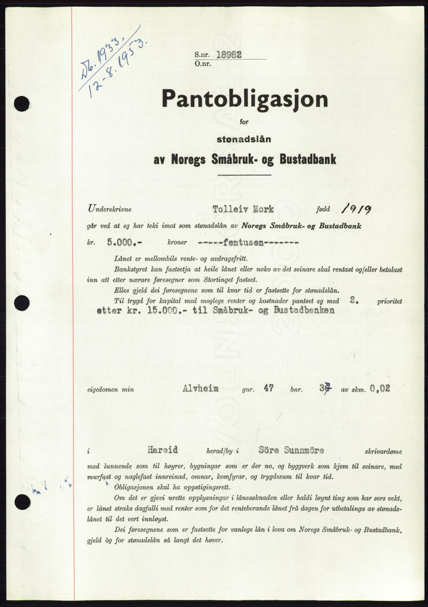 Søre Sunnmøre sorenskriveri, SAT/A-4122/1/2/2C/L0123: Pantebok nr. 11B, 1953-1953, Dagboknr: 1933/1953