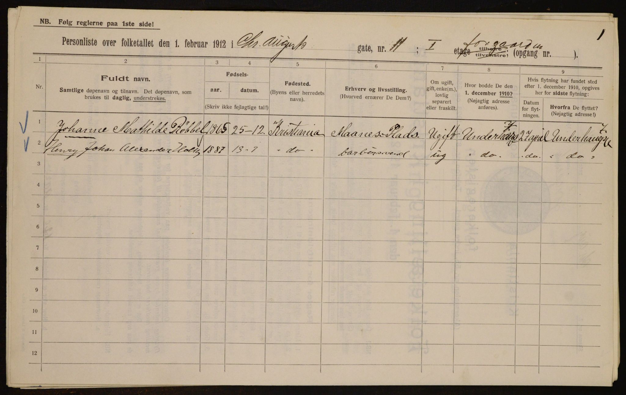 OBA, Kommunal folketelling 1.2.1912 for Kristiania, 1912, s. 54275