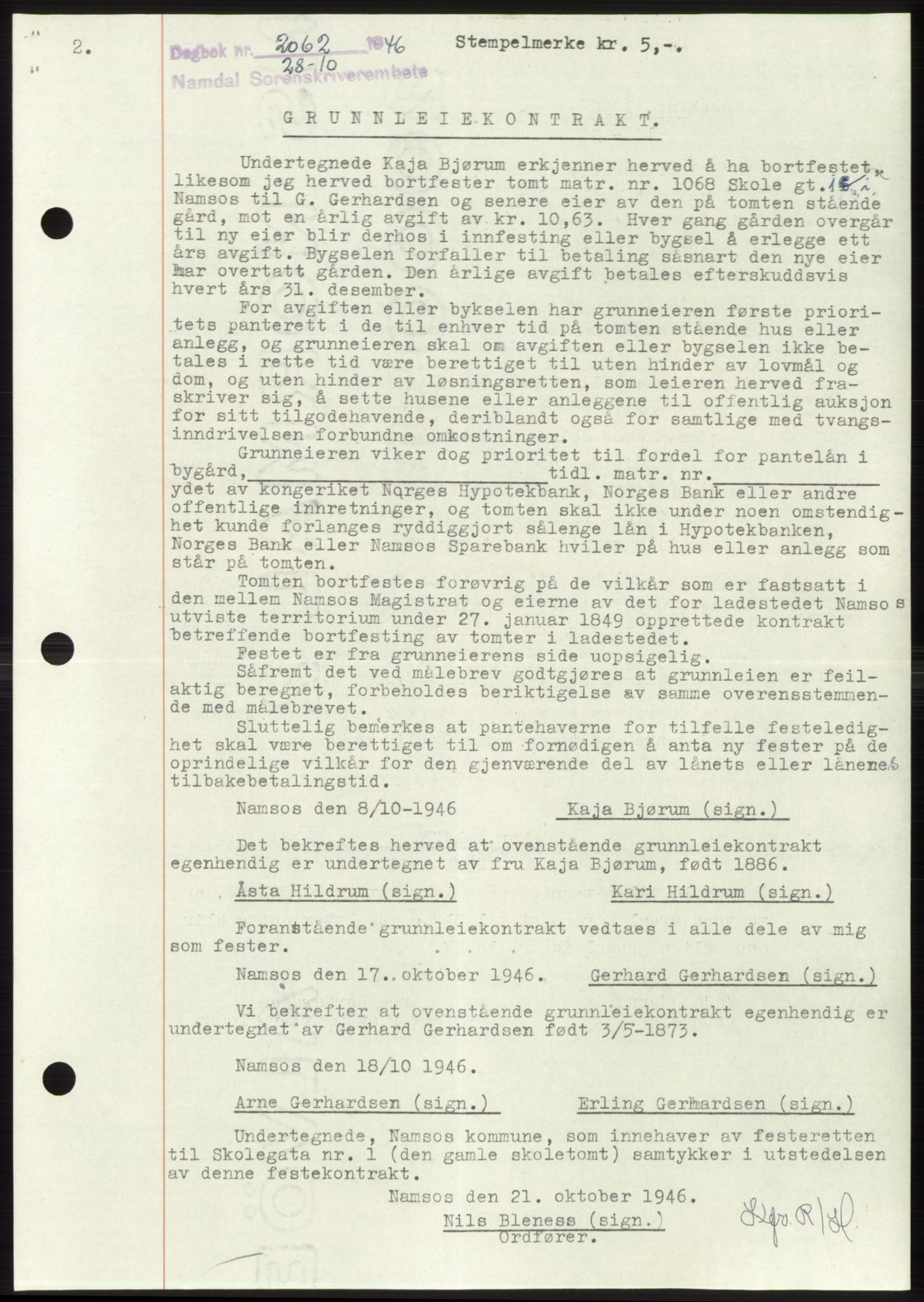 Namdal sorenskriveri, SAT/A-4133/1/2/2C: Pantebok nr. -, 1946-1947, Dagboknr: 2062/1946