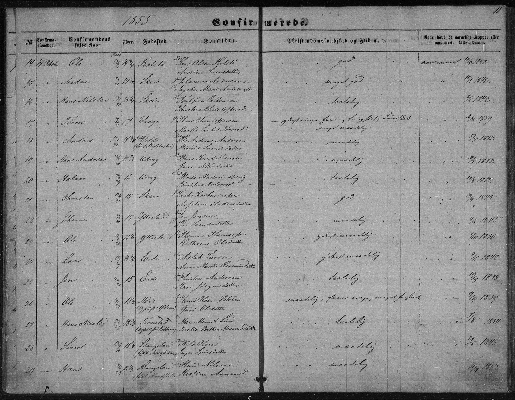 Avaldsnes sokneprestkontor, SAST/A -101851/H/Ha/Haa/L0009: Ministerialbok nr. A 9, 1853-1865, s. 11