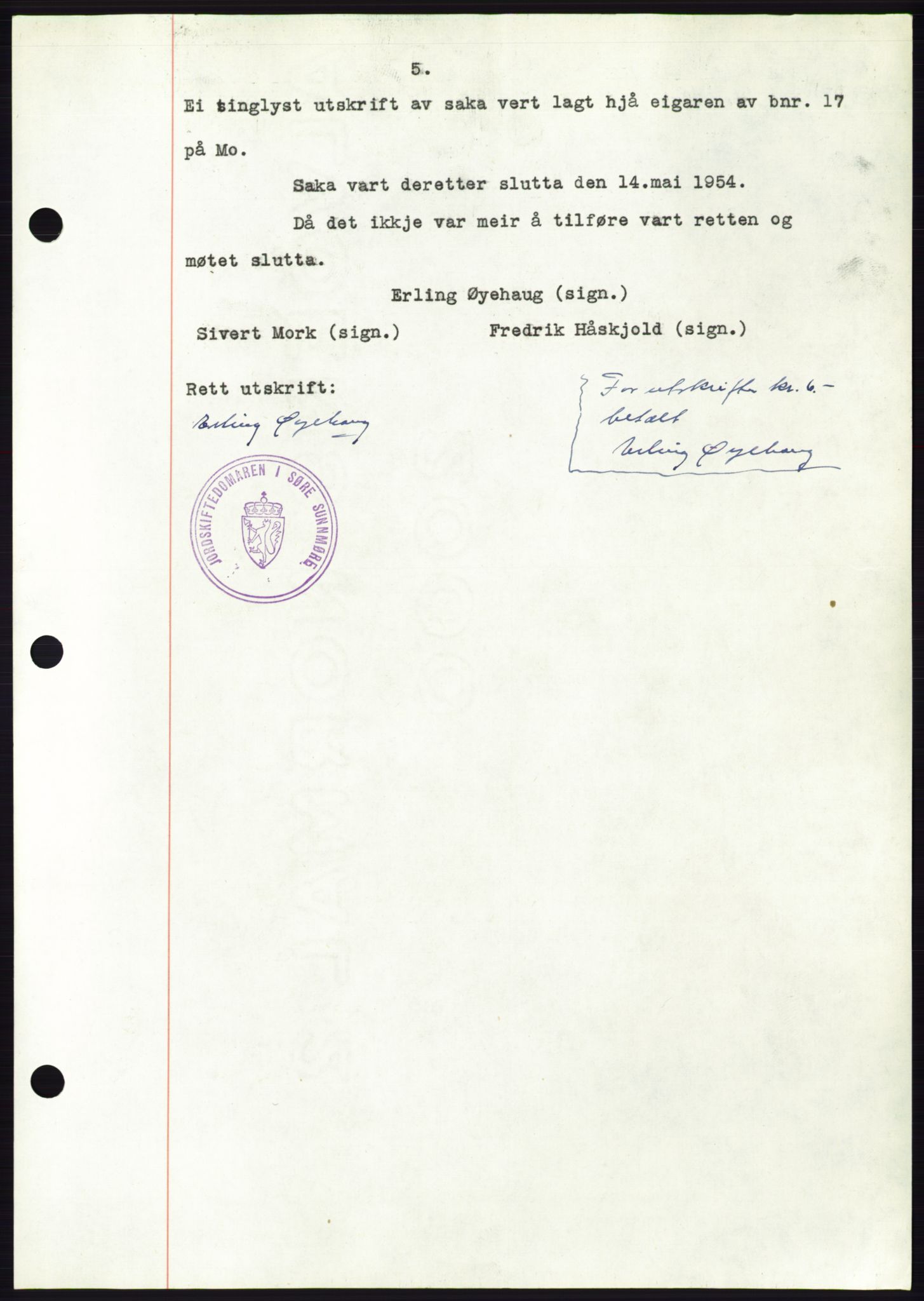 Søre Sunnmøre sorenskriveri, AV/SAT-A-4122/1/2/2C/L0099: Pantebok nr. 25A, 1954-1954, Dagboknr: 3322/1954