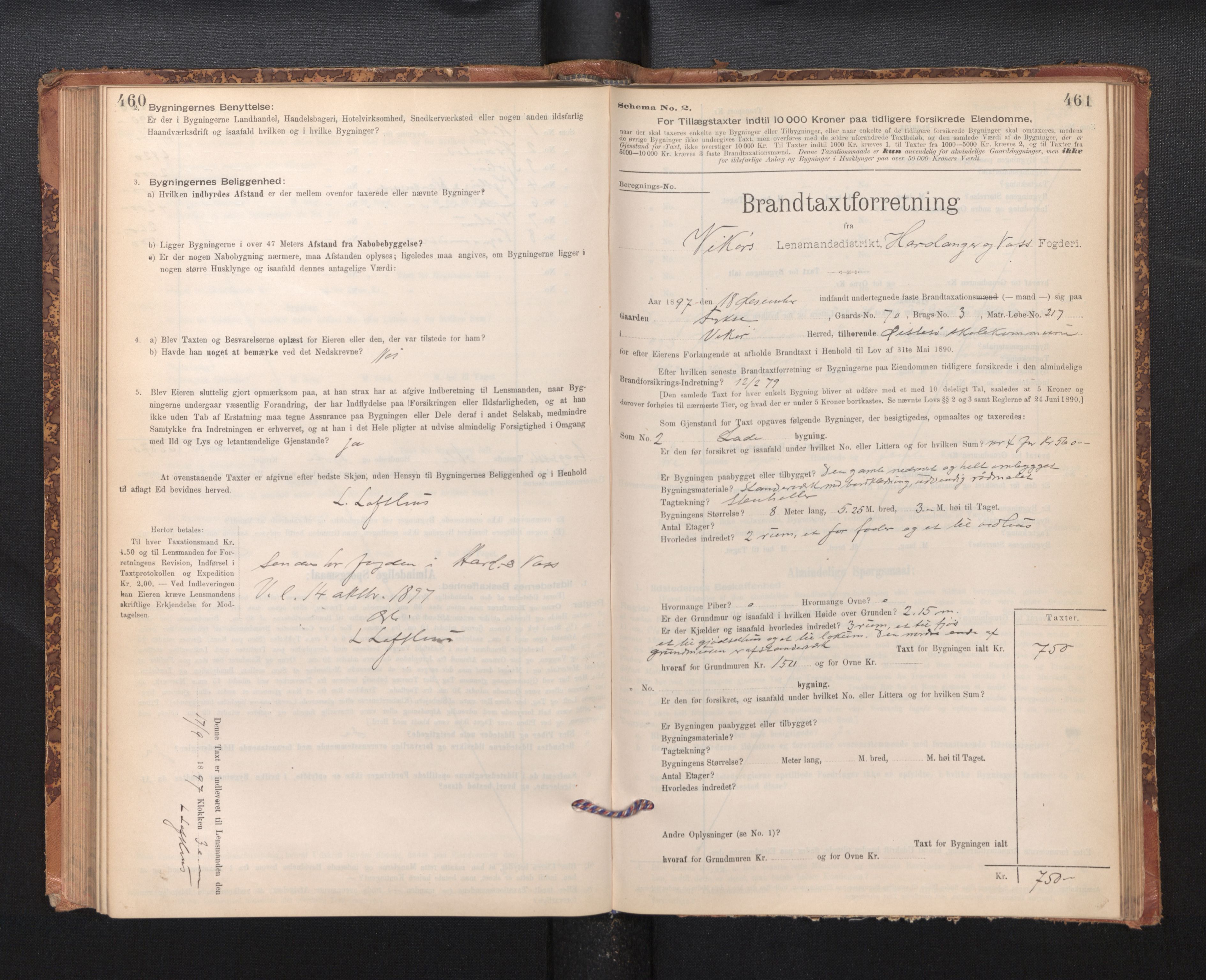 Lensmannen i Kvam, AV/SAB-A-33201/0012/L0005: Branntakstprotokoll, skjematakst, 1894-1913, s. 460-461