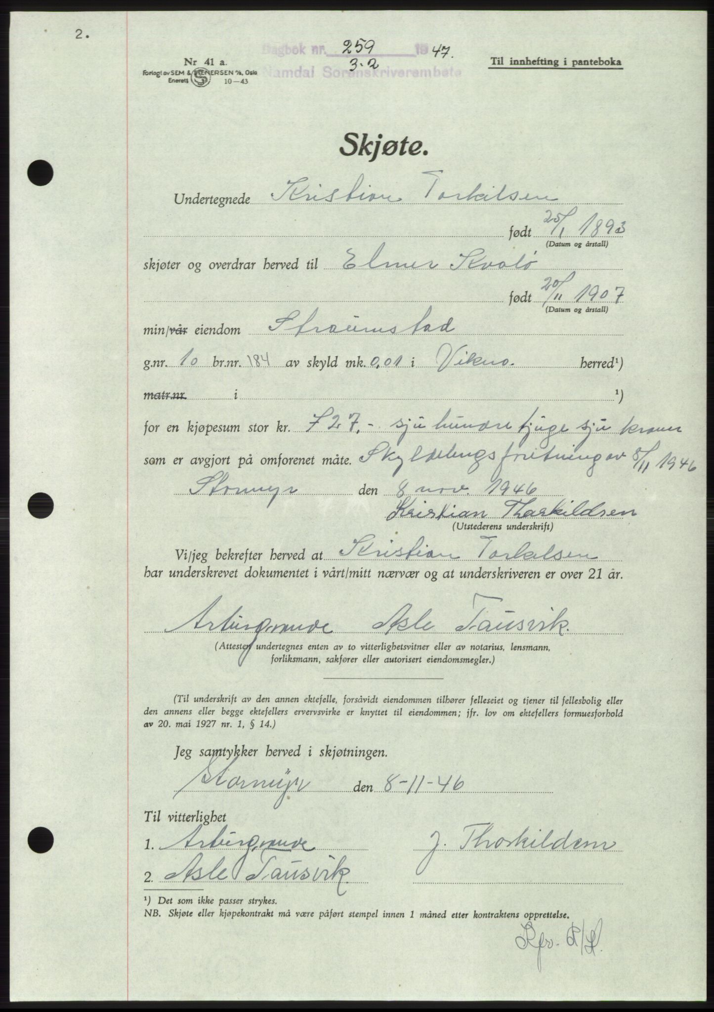 Namdal sorenskriveri, SAT/A-4133/1/2/2C: Pantebok nr. -, 1946-1947, Dagboknr: 259/1947