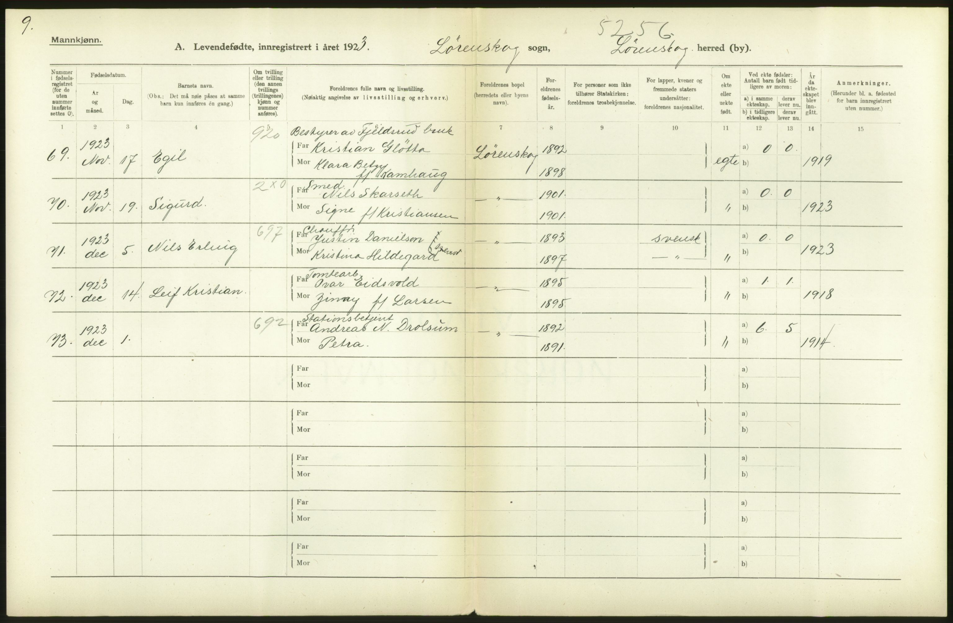 Statistisk sentralbyrå, Sosiodemografiske emner, Befolkning, RA/S-2228/D/Df/Dfc/Dfcc/L0003: Akershus fylke: Levendefødte menn og kvinner. Bygder., 1923, s. 144