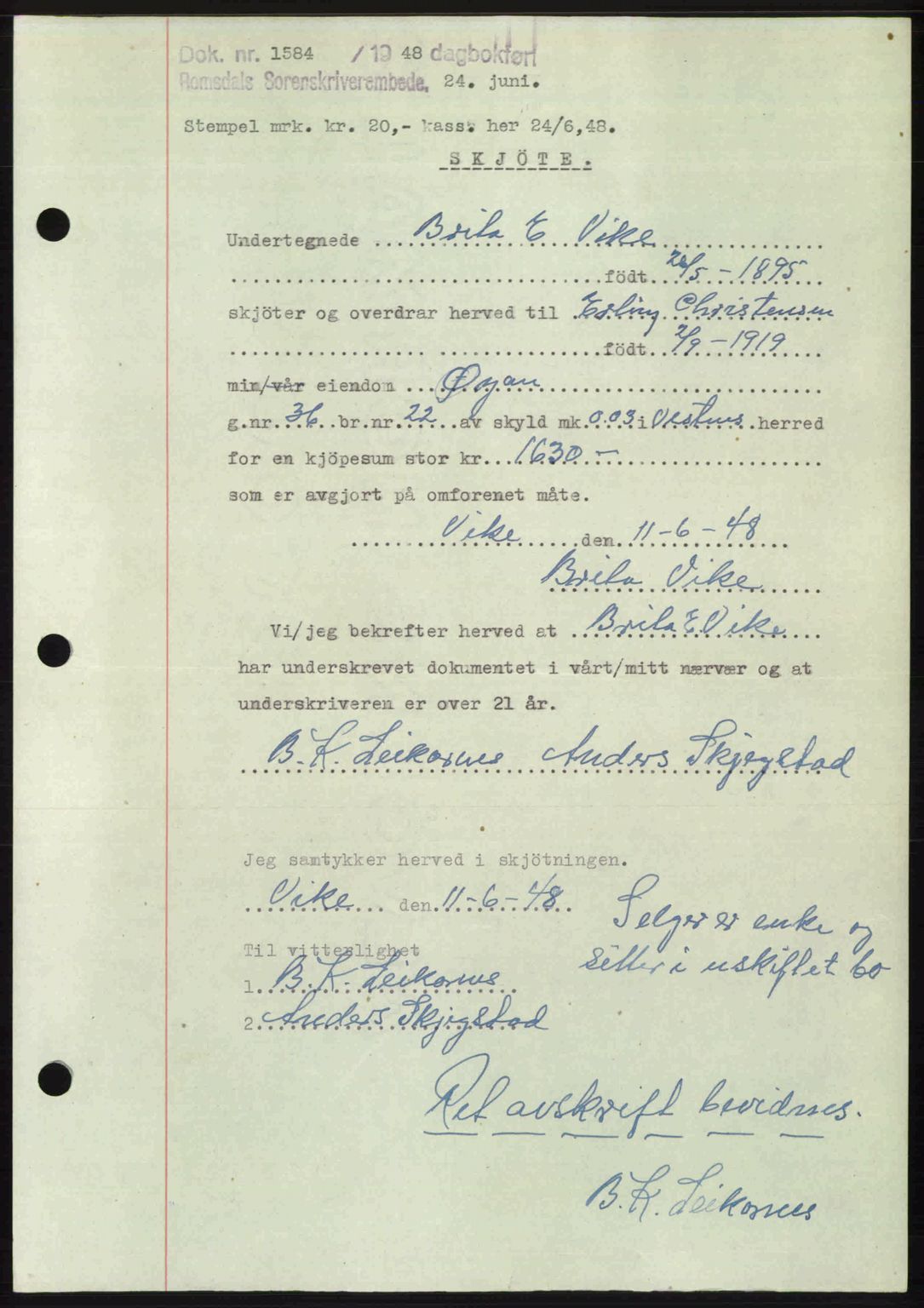 Romsdal sorenskriveri, SAT/A-4149/1/2/2C: Pantebok nr. A26, 1948-1948, Dagboknr: 1584/1948