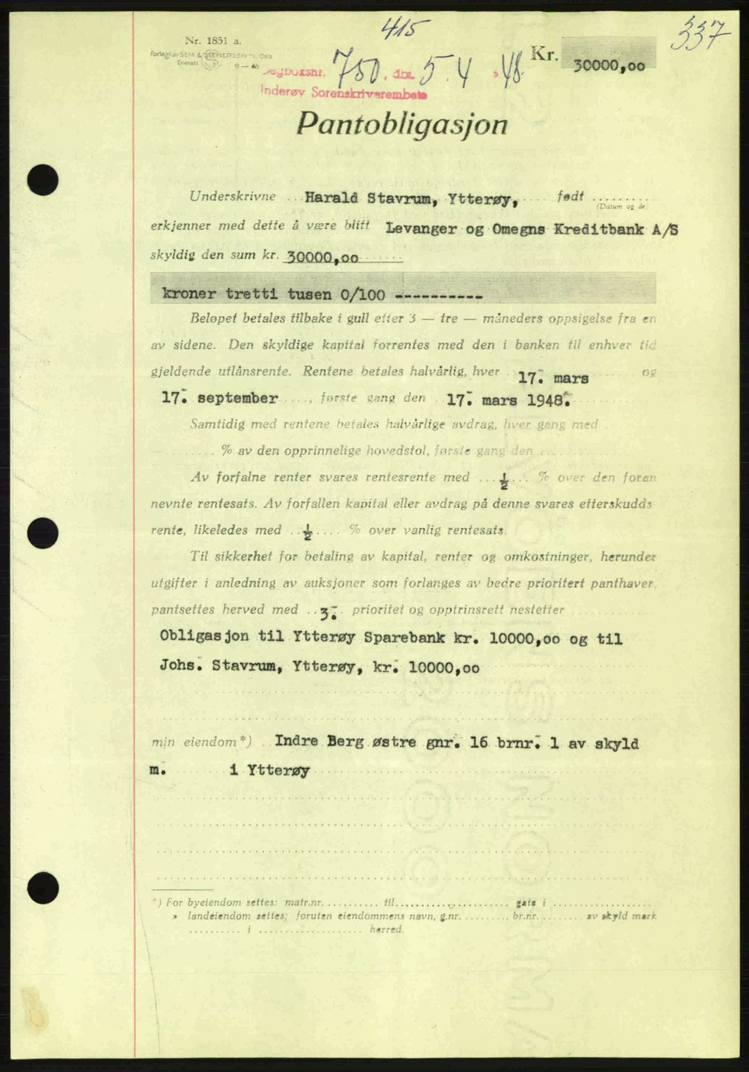 Inderøy sorenskriveri, SAT/A-4147/1/2/2C: Pantebok nr. Y1, 1936-1950, Dagboknr: 750/1948