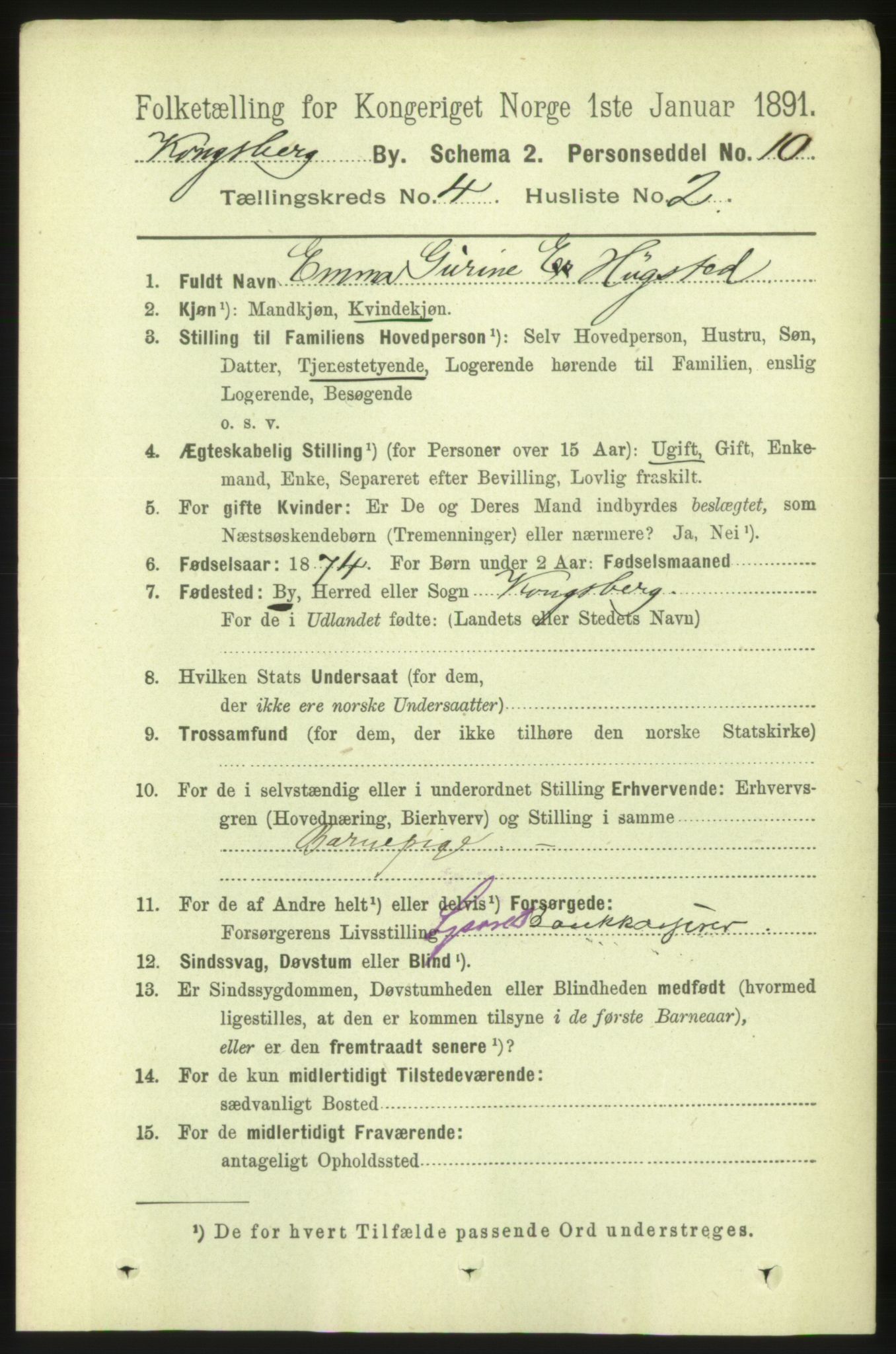 RA, Folketelling 1891 for 0604 Kongsberg kjøpstad, 1891, s. 3520