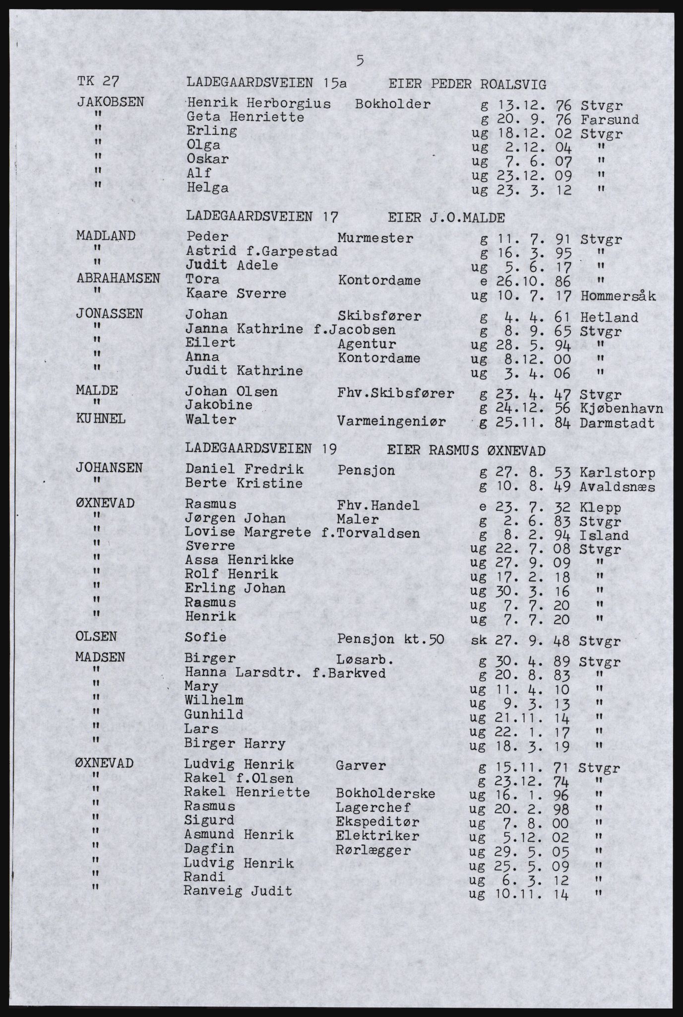 SAST, Avskrift av folketellingen 1920 for Stavanger kjøpstad, 1920, s. 11