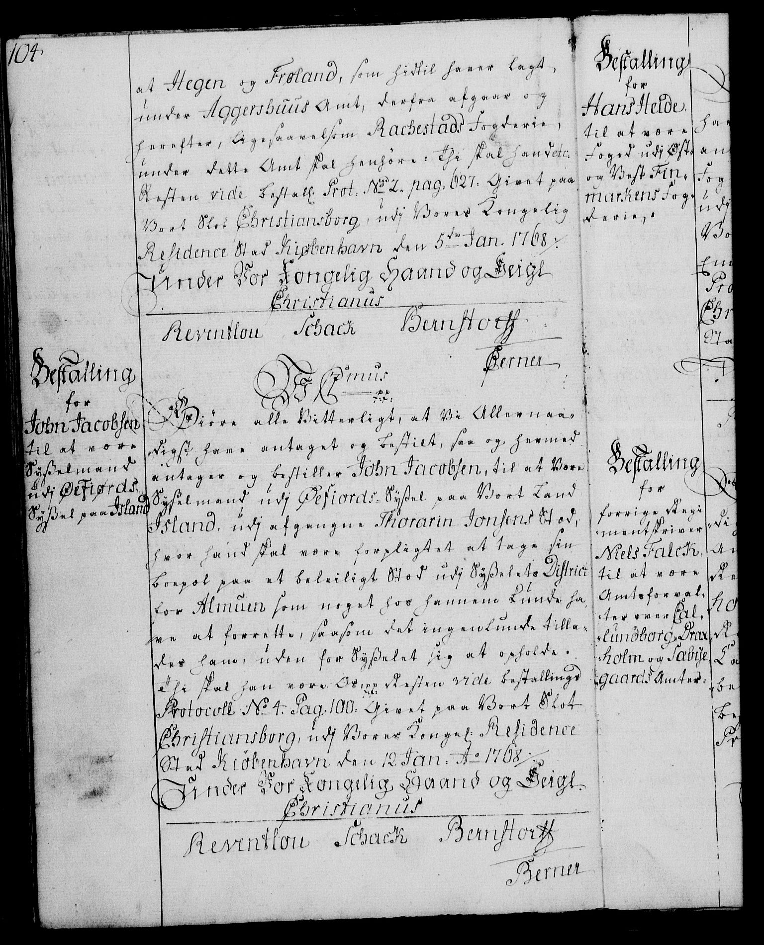 Rentekammeret, Kammerkanselliet, RA/EA-3111/G/Gg/Gge/L0004: Norsk bestallingsprotokoll med register (merket RK 53.28), 1762-1771, s. 104