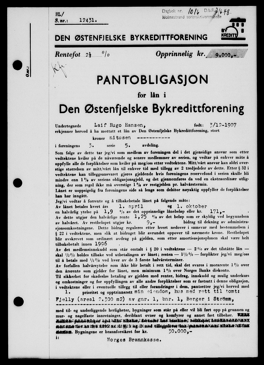Holmestrand sorenskriveri, SAKO/A-67/G/Ga/Gab/L0058: Pantebok nr. B-58, 1947-1948, Dagboknr: 1016/1948