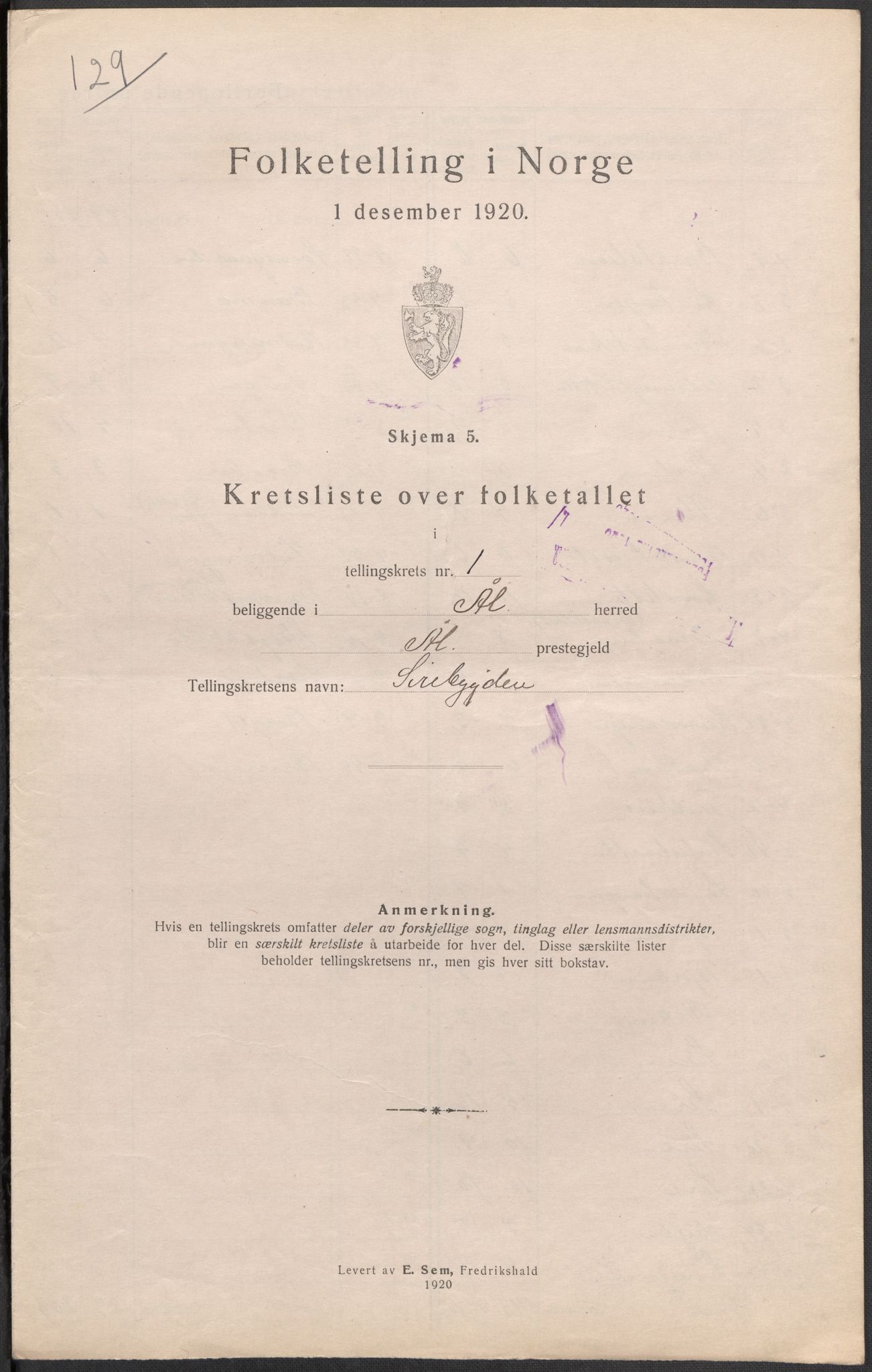 SAKO, Folketelling 1920 for 0619 Ål herred, 1920, s. 5