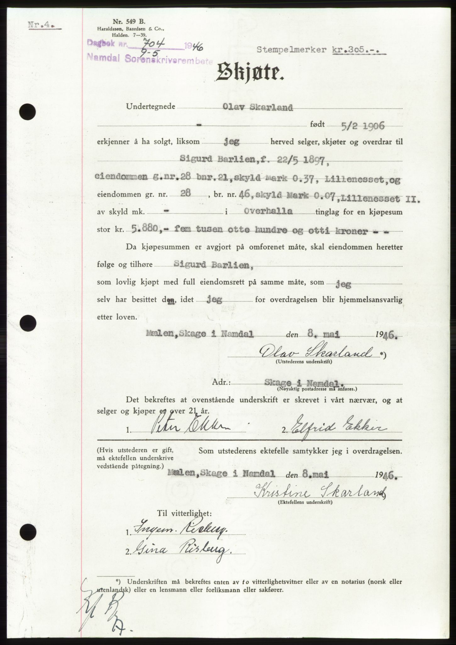 Namdal sorenskriveri, SAT/A-4133/1/2/2C: Pantebok nr. -, 1946-1946, Dagboknr: 704/1946