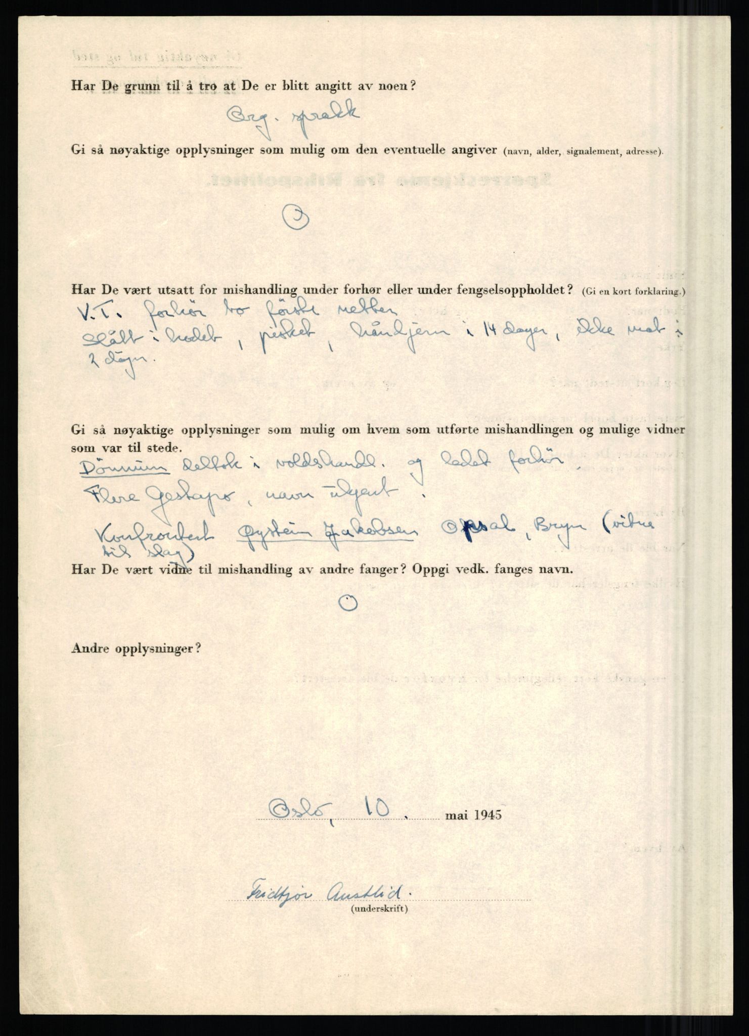 Rikspolitisjefen, AV/RA-S-1560/L/L0001: Abelseth, Rudolf - Berentsen, Odd, 1940-1945, s. 1046