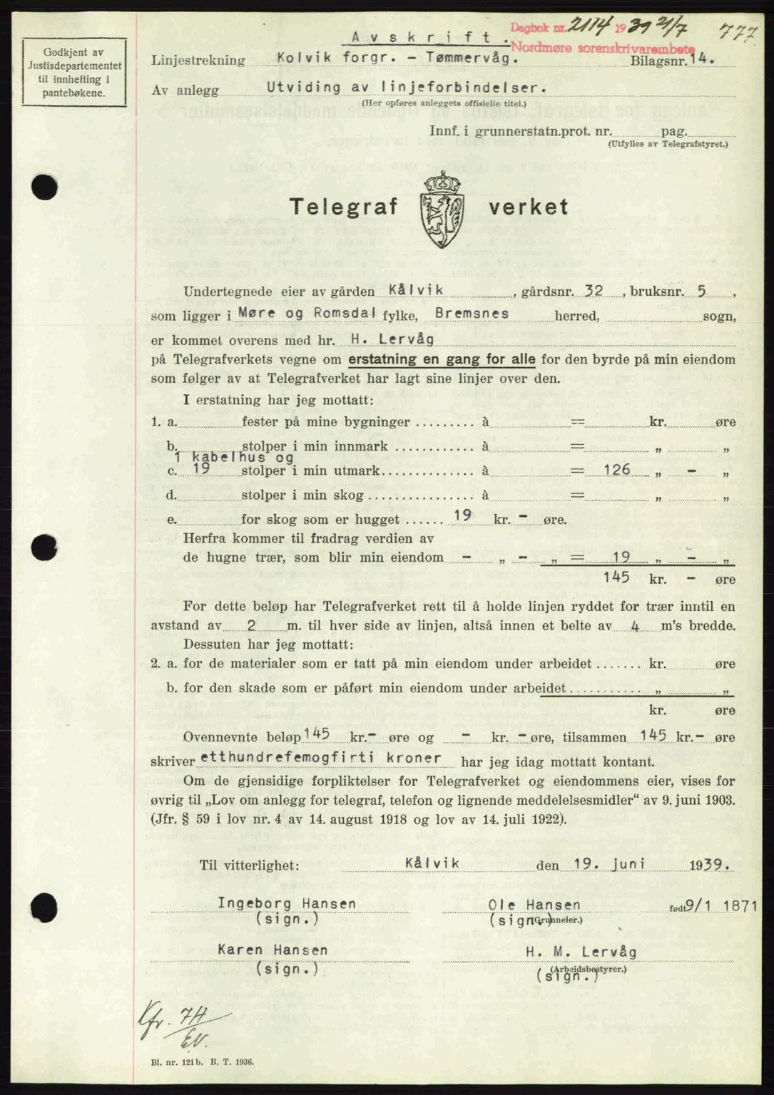 Nordmøre sorenskriveri, SAT/A-4132/1/2/2Ca: Pantebok nr. B85, 1939-1939, Dagboknr: 2114/1939