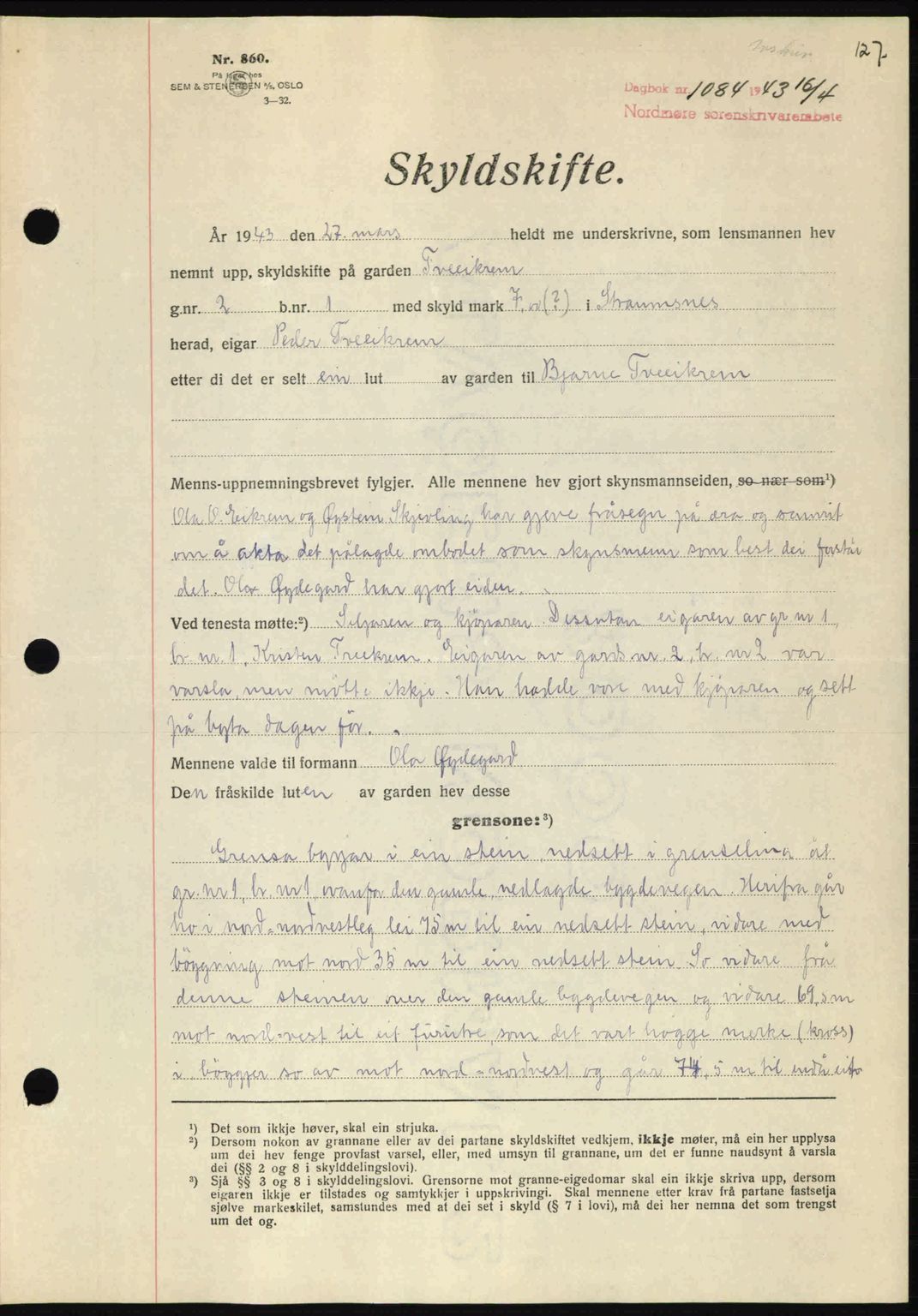 Nordmøre sorenskriveri, AV/SAT-A-4132/1/2/2Ca: Pantebok nr. A95, 1943-1943, Dagboknr: 1084/1943