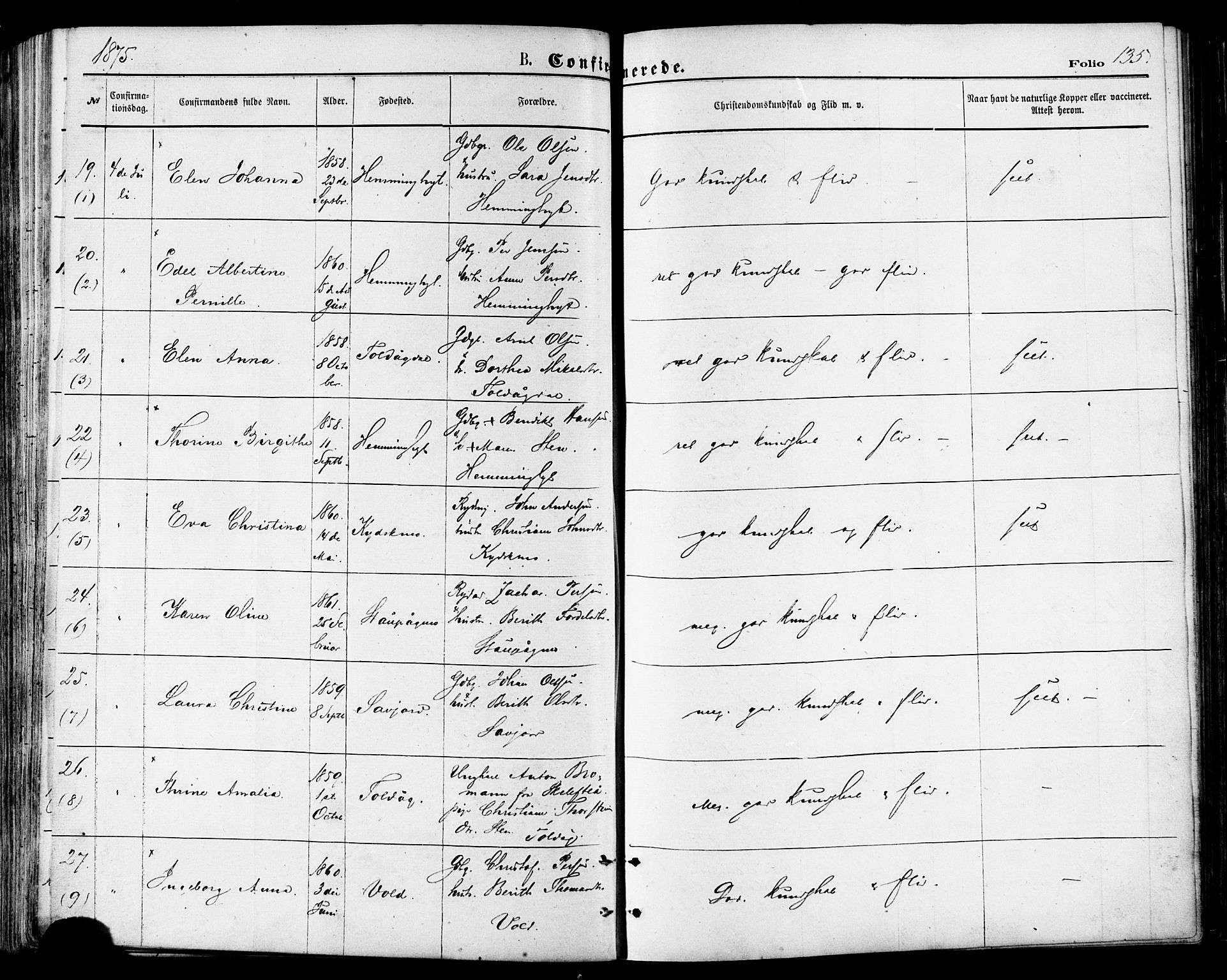 Ministerialprotokoller, klokkerbøker og fødselsregistre - Nordland, SAT/A-1459/846/L0645: Ministerialbok nr. 846A03, 1872-1886, s. 135