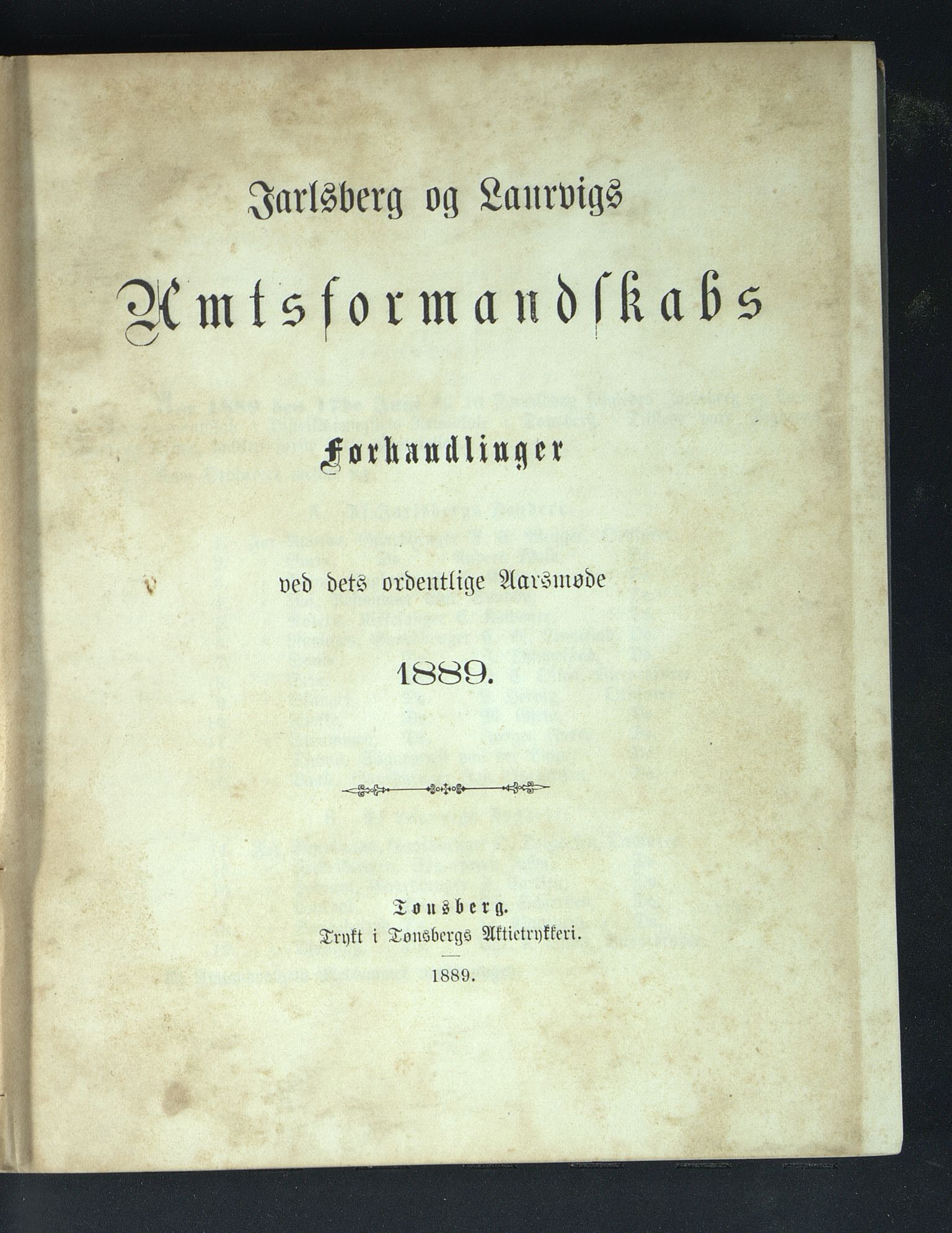 Vestfold fylkeskommune. Fylkestinget, VEMU/A-1315/A/Ab/Abb/L0036: Fylkestingsforhandlinger, 1889