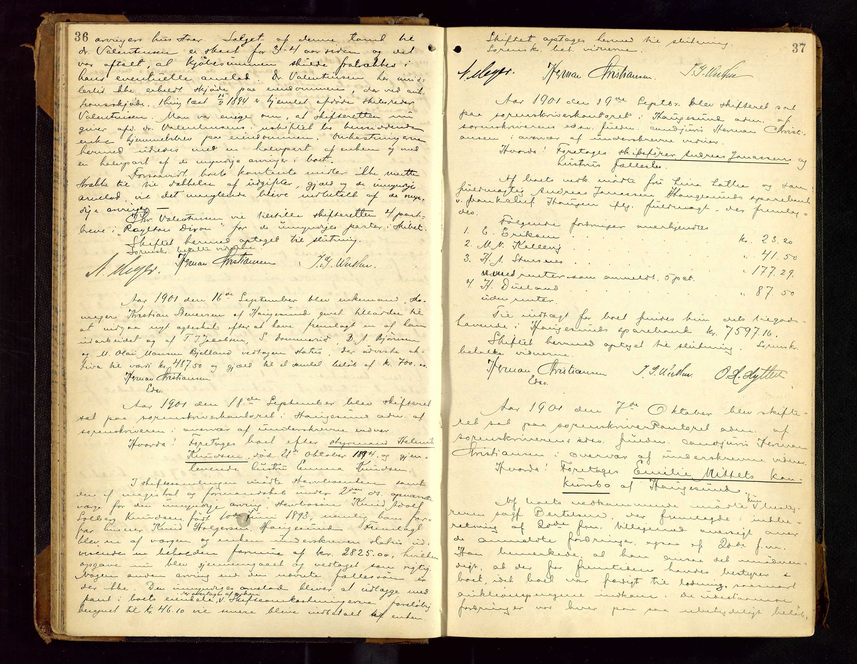 Haugesund tingrett, AV/SAST-A-101415/01/IV/IVC/L0001: Skifteforhandlingsprotokoll, med register, 1900-1912, s. 36-37