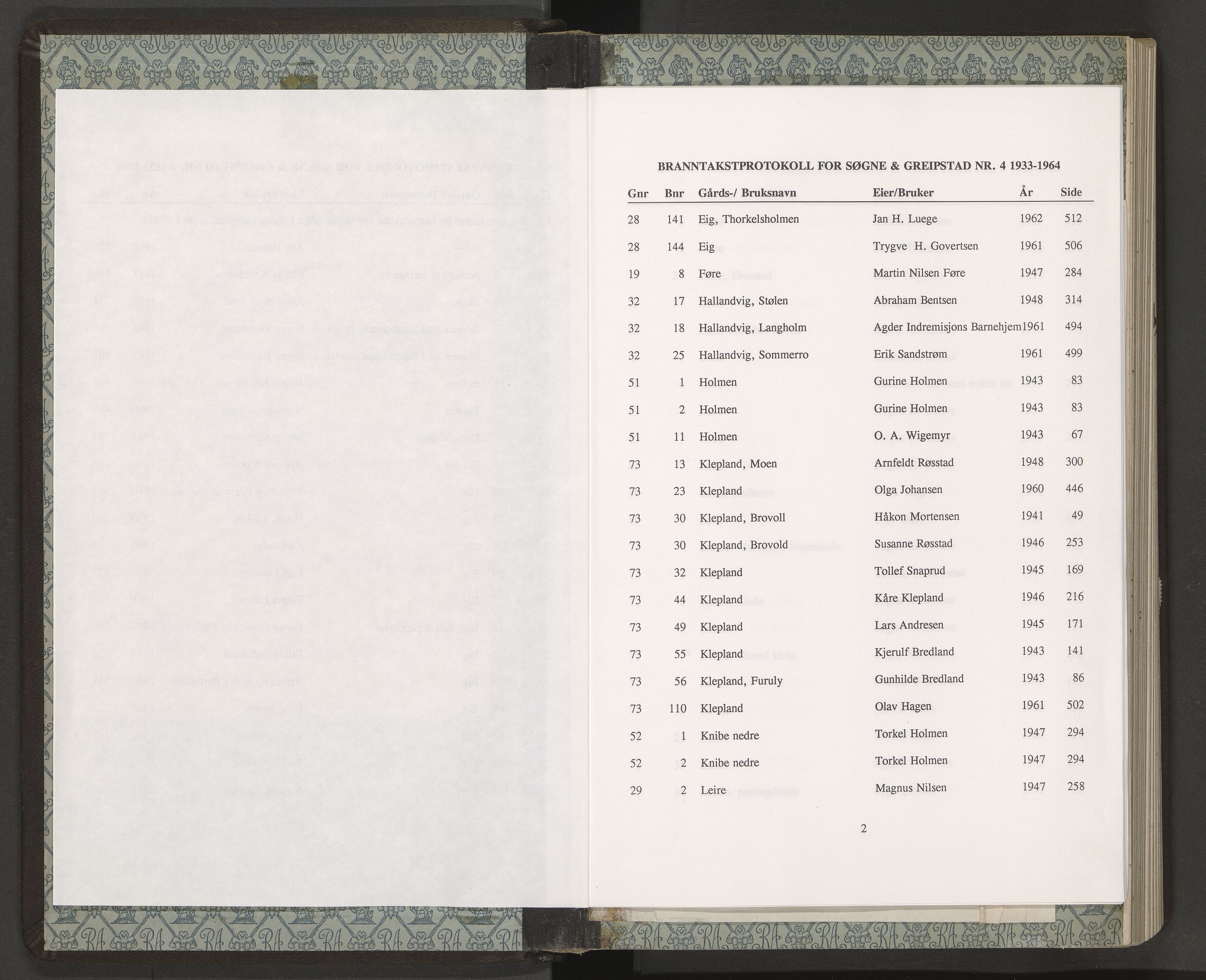 Norges Brannkasse Søgne og Greipstad, AV/SAK-2241-0046/F/Fa/L0004: Branntakstprotokoll nr. 4 med gårdsnavnregister, 1933-1964