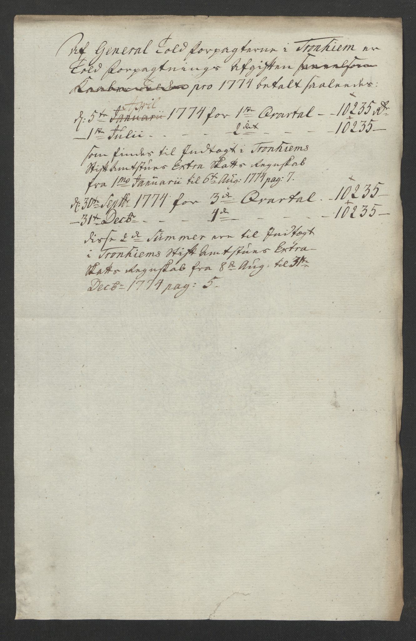 Generaltollkammeret, tollregnskaper, AV/RA-EA-5490/R33/L0123/0001: Tollregnskaper Trondheim A / Utgående hovedtollbok, 1774