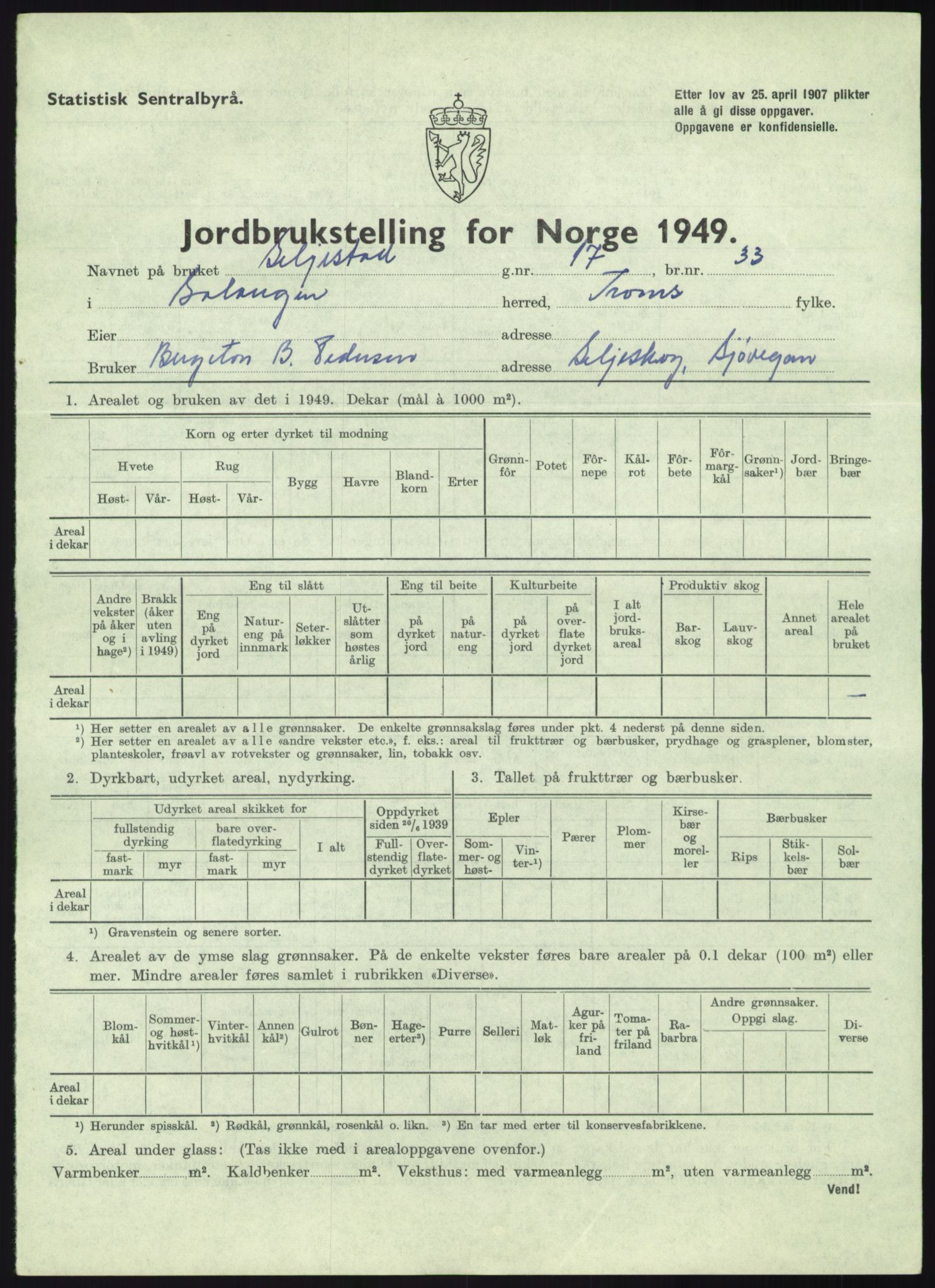 Statistisk sentralbyrå, Næringsøkonomiske emner, Jordbruk, skogbruk, jakt, fiske og fangst, AV/RA-S-2234/G/Gc/L0438: Troms: Salangen og Bardu, 1949, s. 15