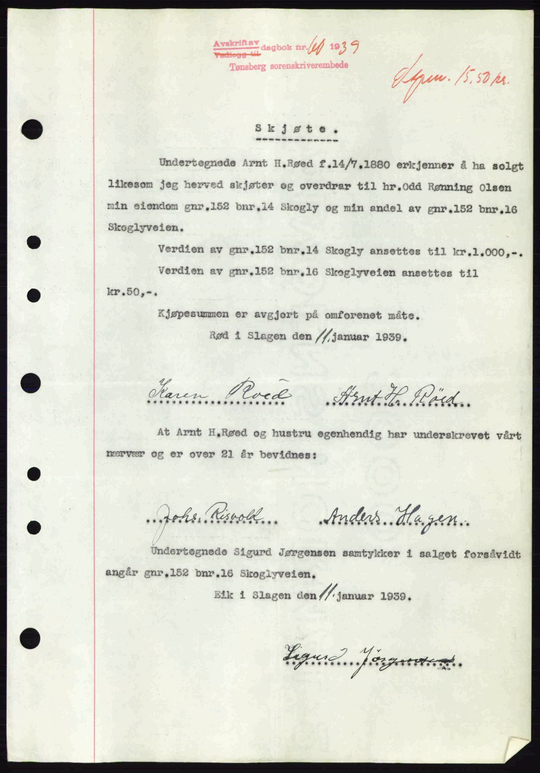 Jarlsberg sorenskriveri, SAKO/A-131/G/Ga/Gaa/L0006: Pantebok nr. A-6, 1938-1939, Dagboknr: 60/1939