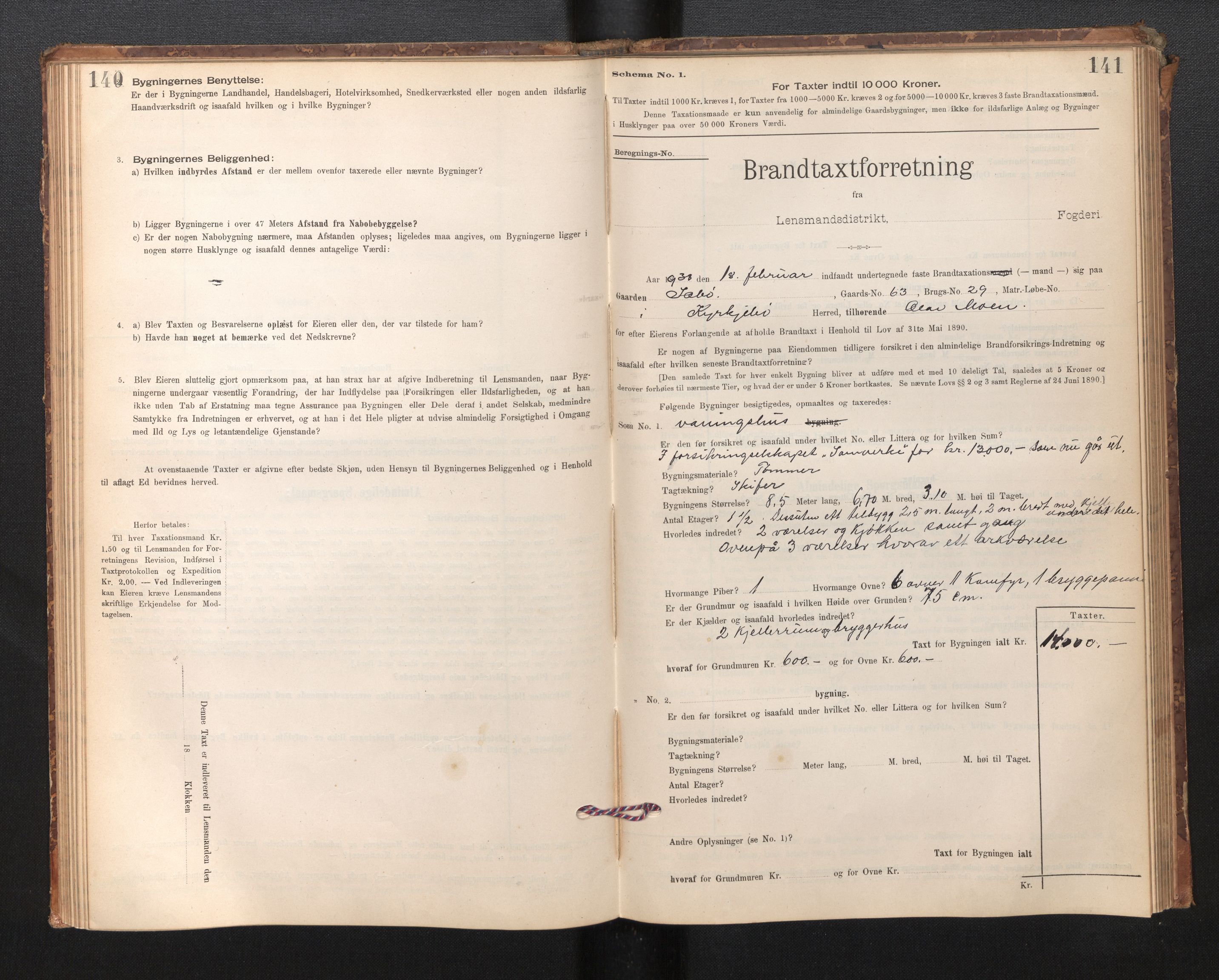 Lensmannen i Kyrkjebø, SAB/A-29001/0012/L0006: Branntakstprotokoll, skjematakst, 1900-1939, s. 140-141