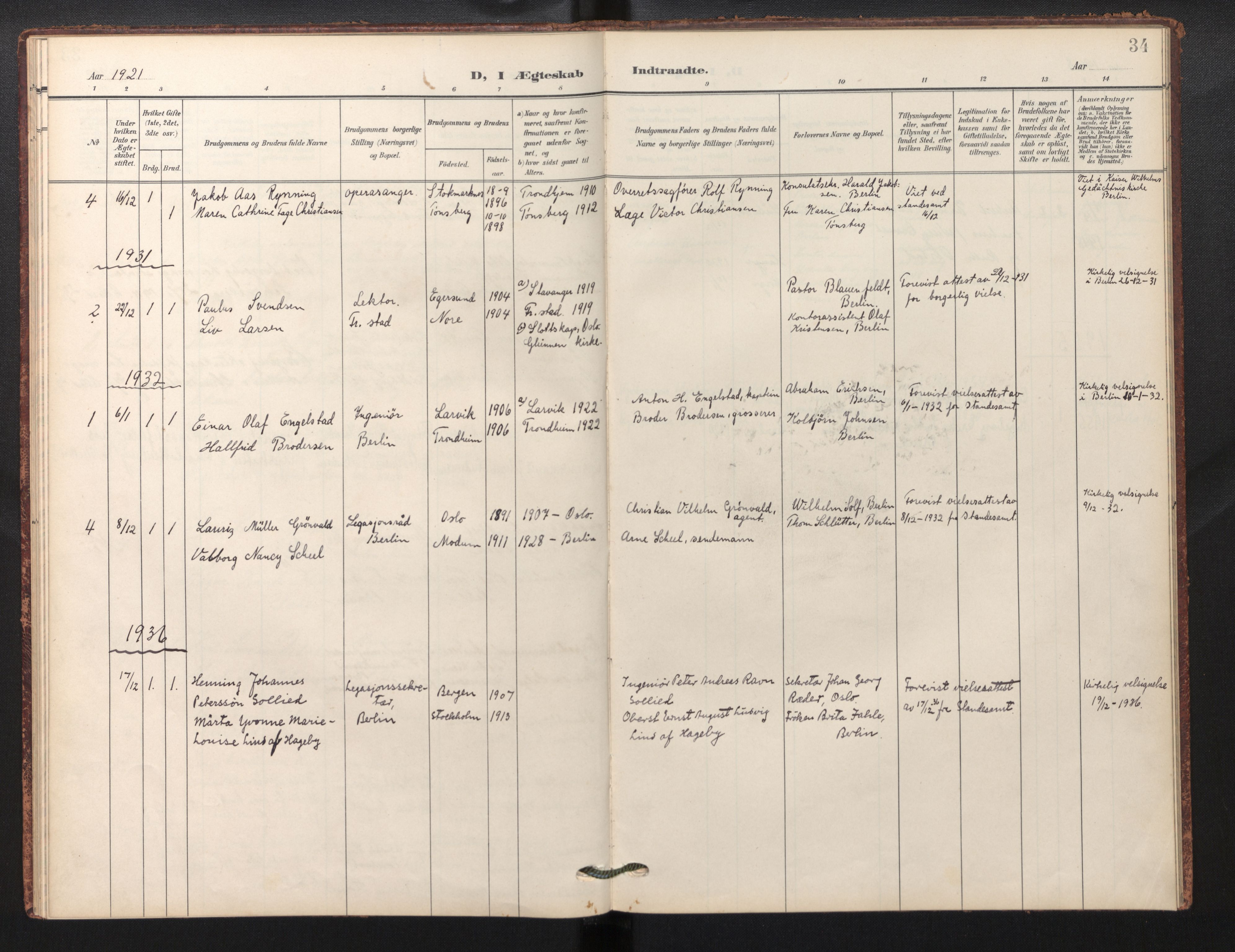 Den norske sjømannsmisjon i utlandet / Berlin, AV/SAB-SAB/PA-0360/H/Ha/L0001: Ministerialbok nr. A 1, 1905-1955, s. 33b-34a