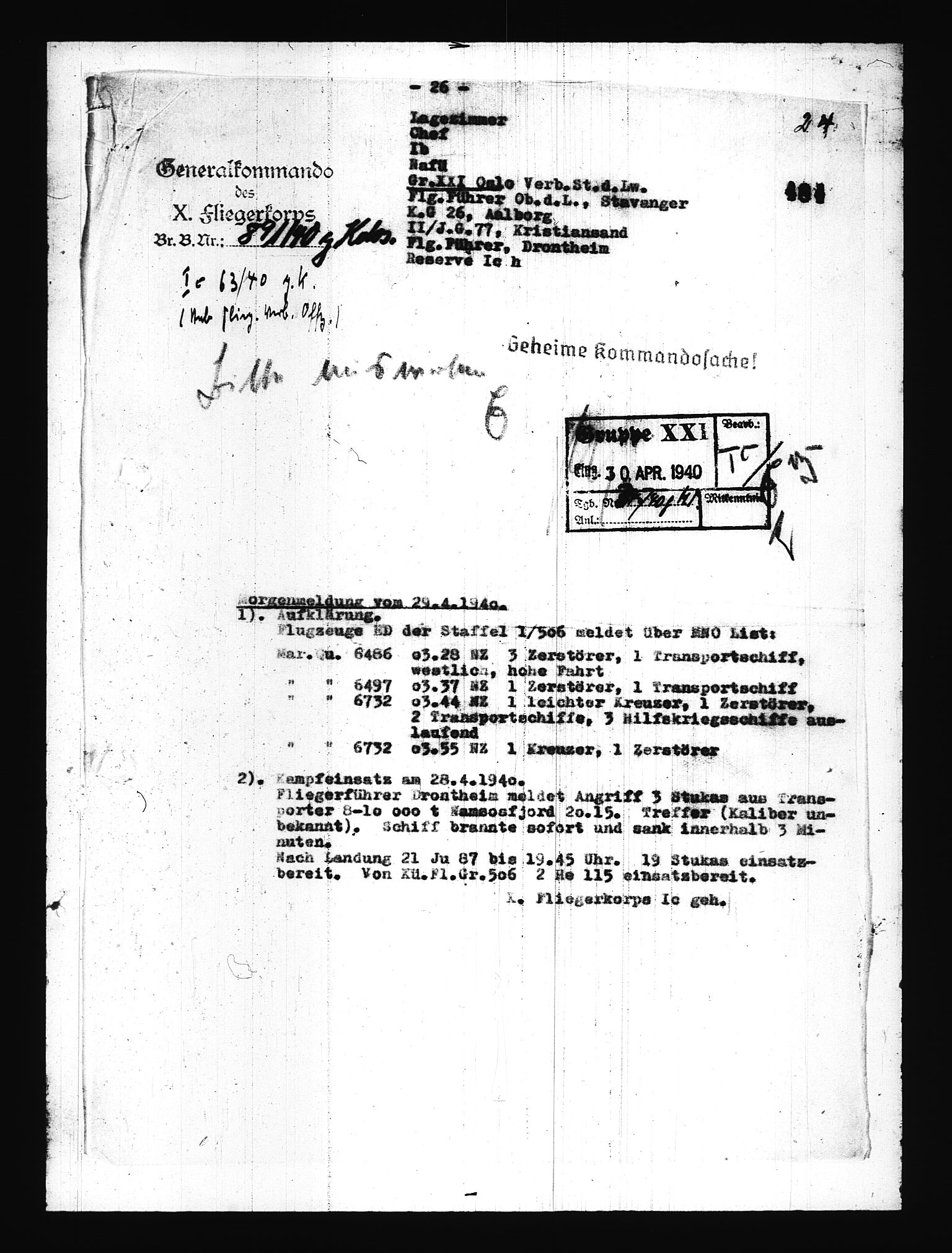 Documents Section, RA/RAFA-2200/V/L0076: Amerikansk mikrofilm "Captured German Documents".
Box No. 715.  FKA jnr. 619/1954., 1940, s. 661