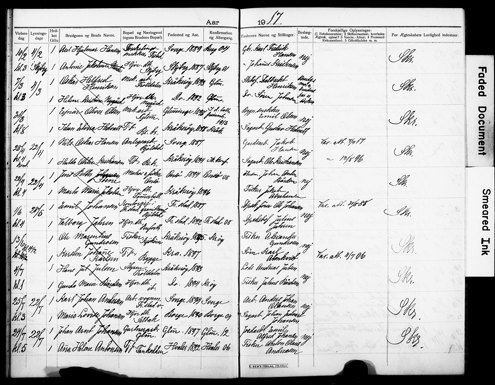 Kråkerøy prestekontor Kirkebøker, AV/SAO-A-10912/H/Ha/L0002: Lysningsprotokoll nr. 2, 1909-1918