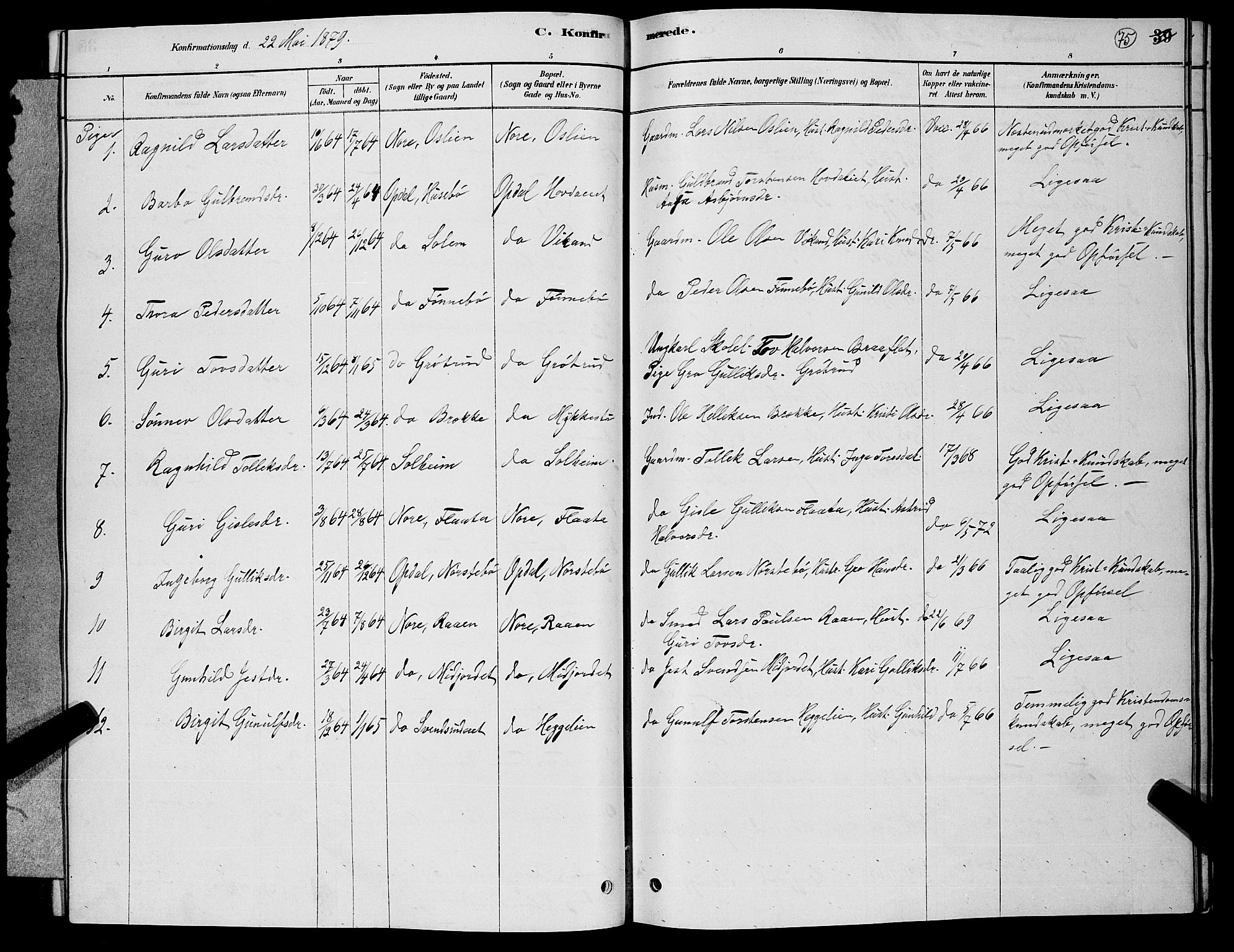 Nore kirkebøker, AV/SAKO-A-238/G/Gb/L0002: Klokkerbok nr. II 2, 1878-1894, s. 75