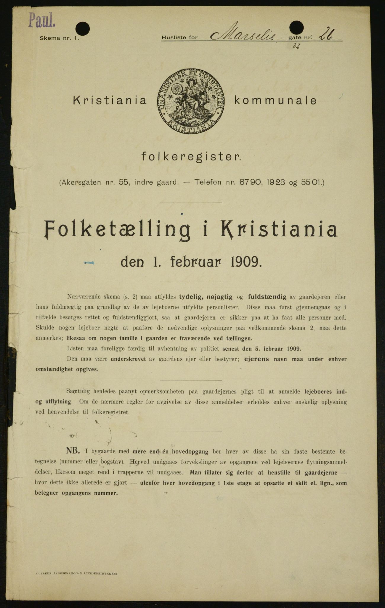 OBA, Kommunal folketelling 1.2.1909 for Kristiania kjøpstad, 1909, s. 58462
