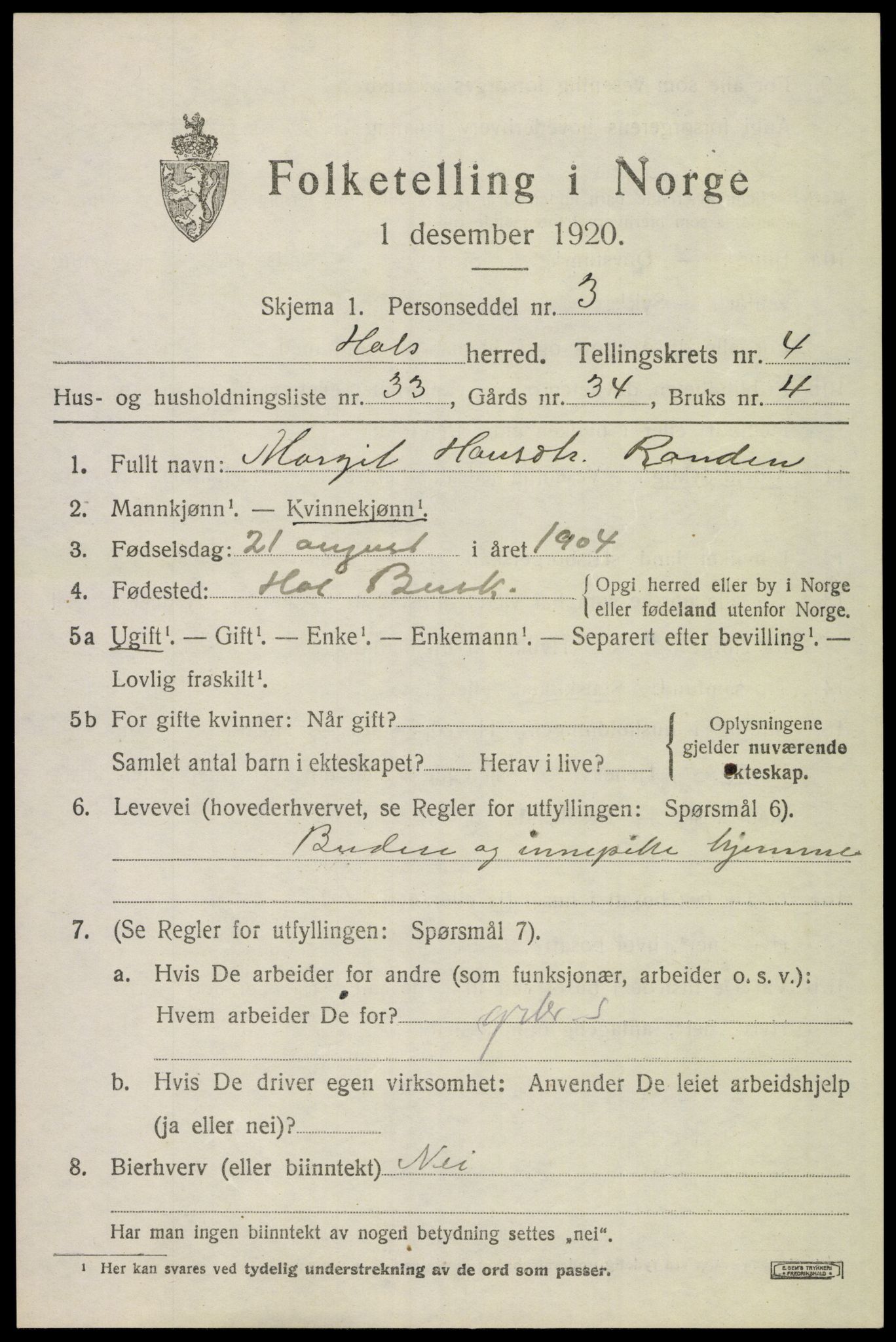 SAKO, Folketelling 1920 for 0620 Hol herred, 1920, s. 2777