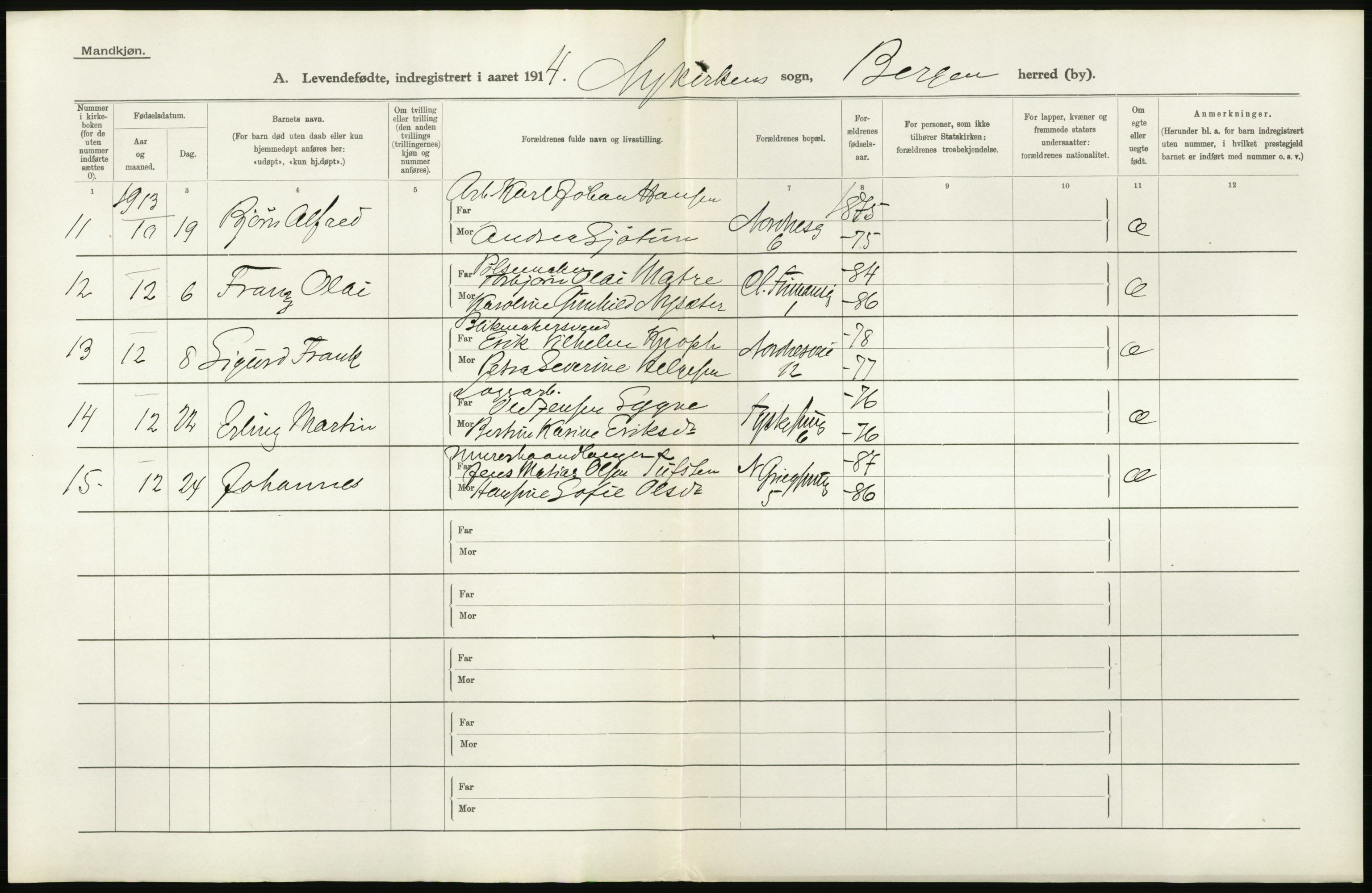 Statistisk sentralbyrå, Sosiodemografiske emner, Befolkning, AV/RA-S-2228/D/Df/Dfb/Dfbd/L0030: Bergen: Levendefødte menn og kvinner., 1914, s. 4
