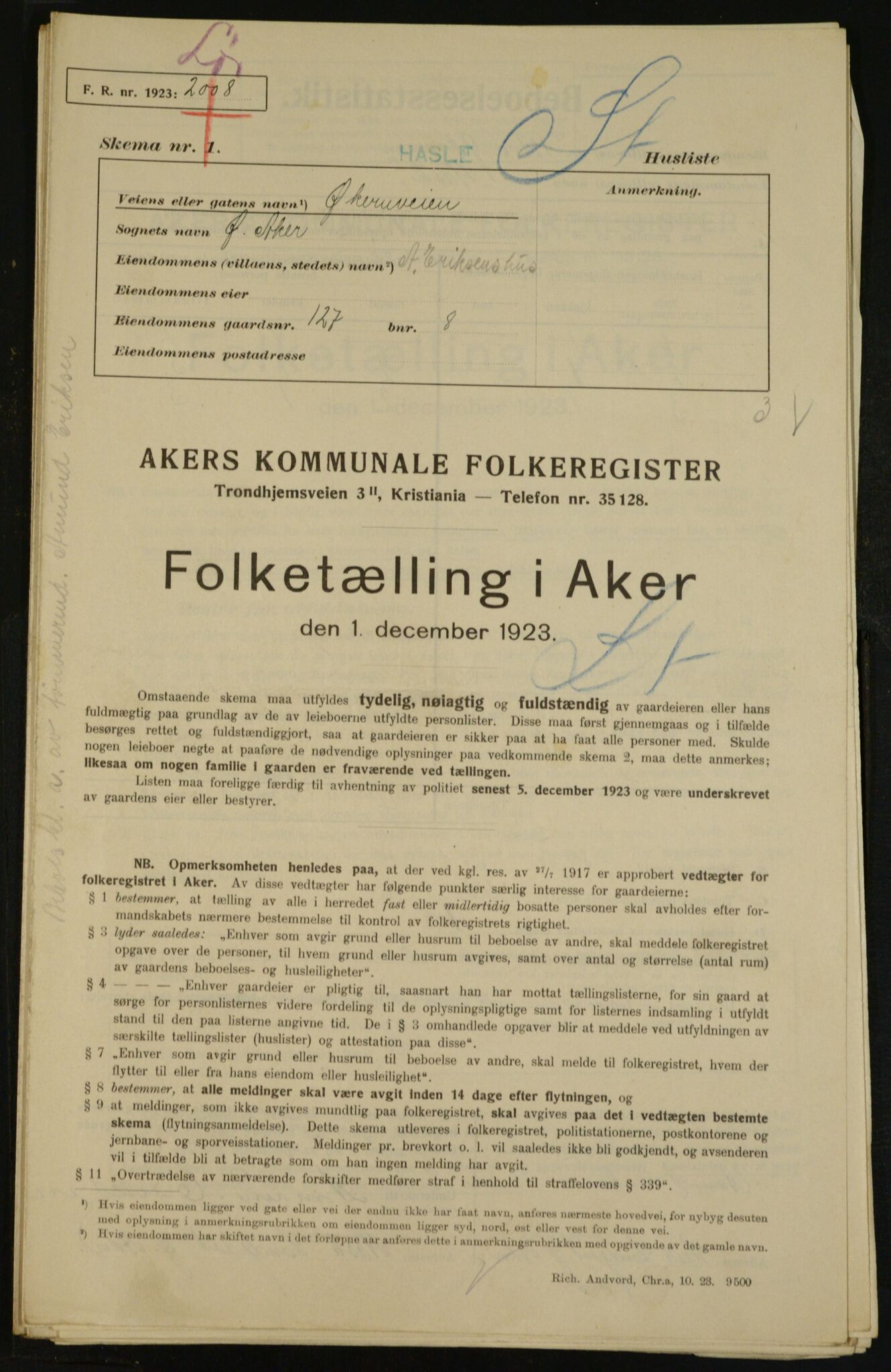 , Kommunal folketelling 1.12.1923 for Aker, 1923, s. 35197