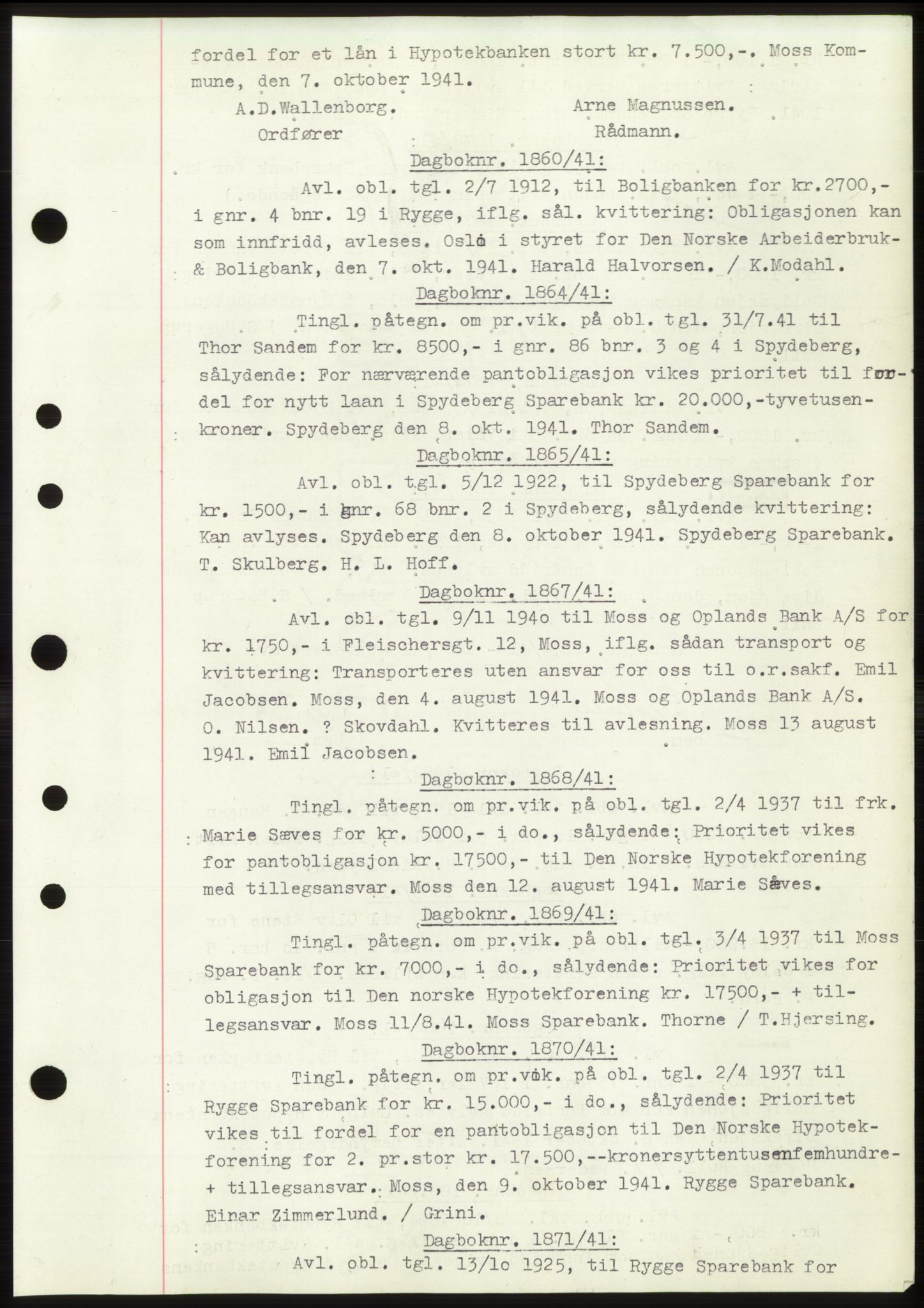Moss sorenskriveri, SAO/A-10168: Pantebok nr. C10, 1938-1950, Dagboknr: 1860/1941