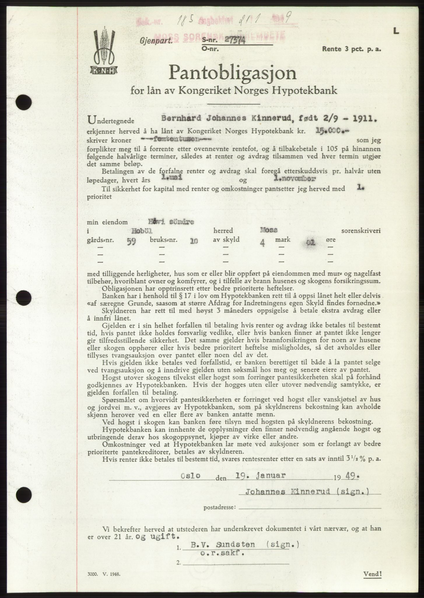 Moss sorenskriveri, SAO/A-10168: Pantebok nr. B21, 1949-1949, Dagboknr: 185/1949