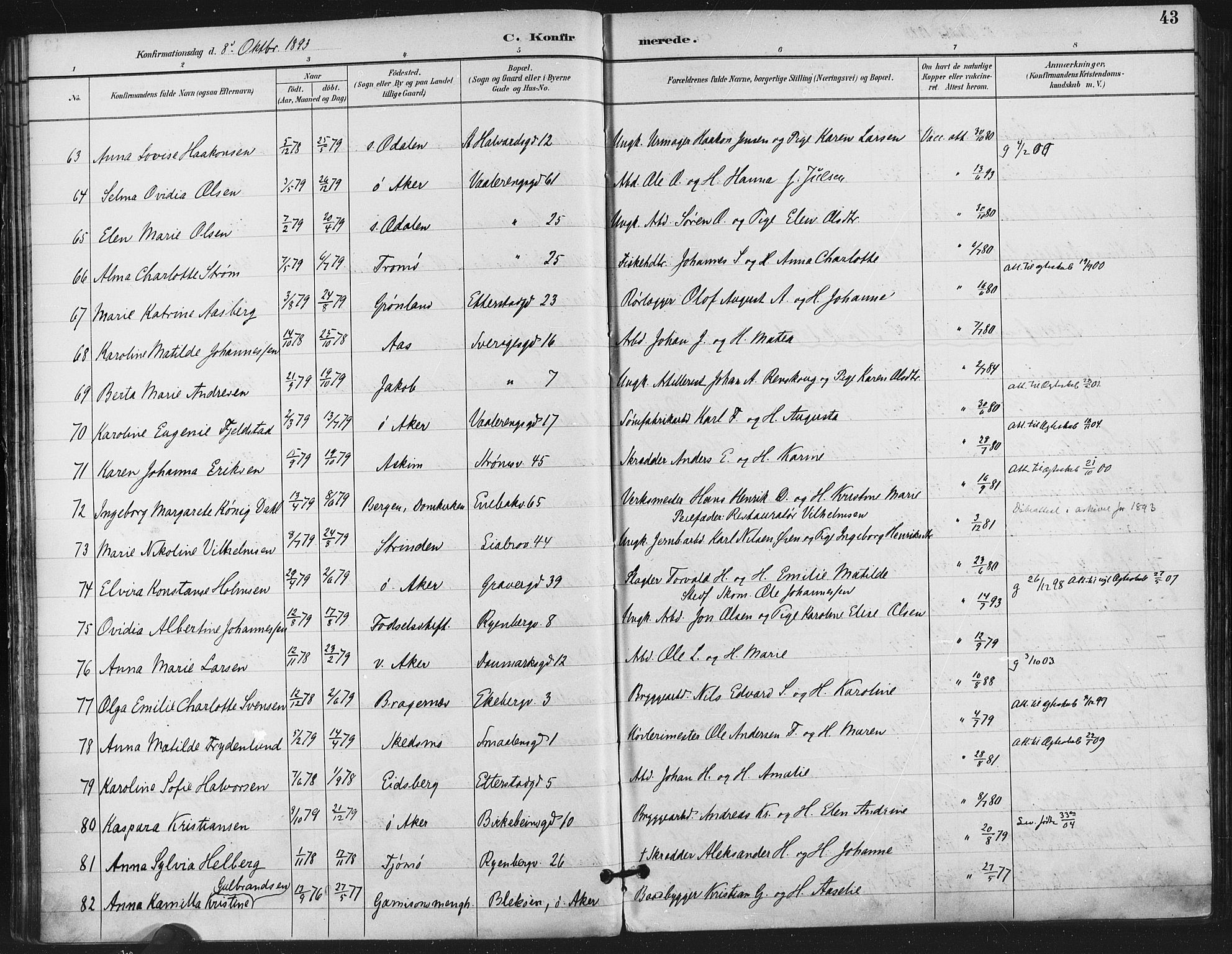 Gamlebyen prestekontor Kirkebøker, AV/SAO-A-10884/F/Fa/L0008: Ministerialbok nr. 8, 1891-1908, s. 43