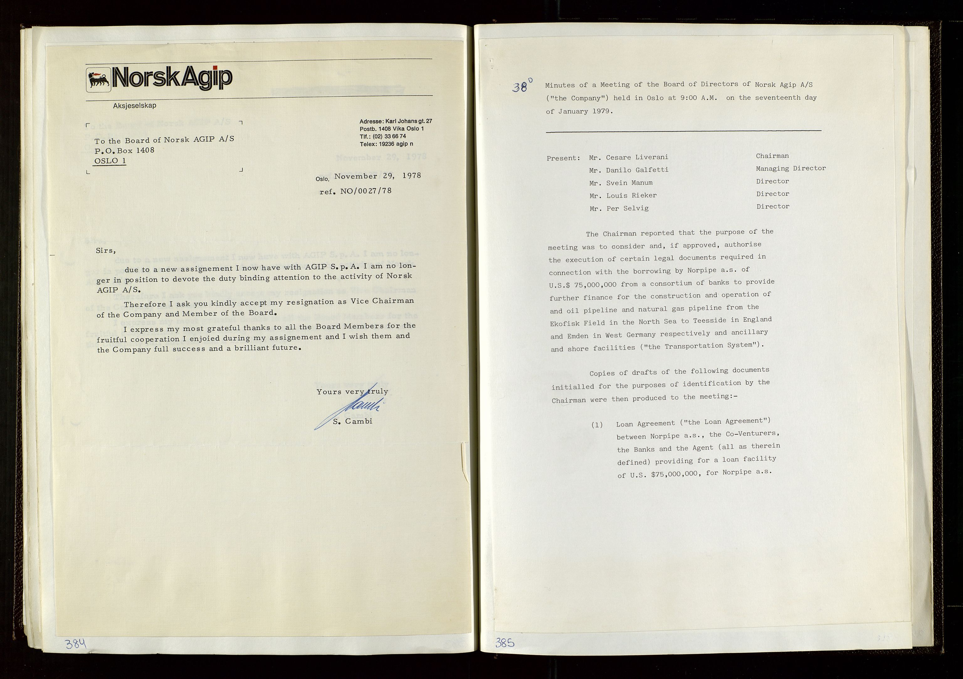 Pa 1583 - Norsk Agip AS, SAST/A-102138/A/Aa/L0002: General assembly and Board of Directors meeting minutes, 1972-1979, s. 384-385