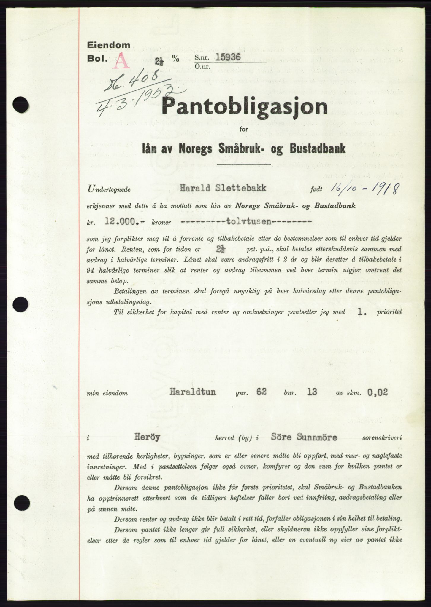 Søre Sunnmøre sorenskriveri, AV/SAT-A-4122/1/2/2C/L0121: Pantebok nr. 9B, 1951-1952, Dagboknr: 408/1952