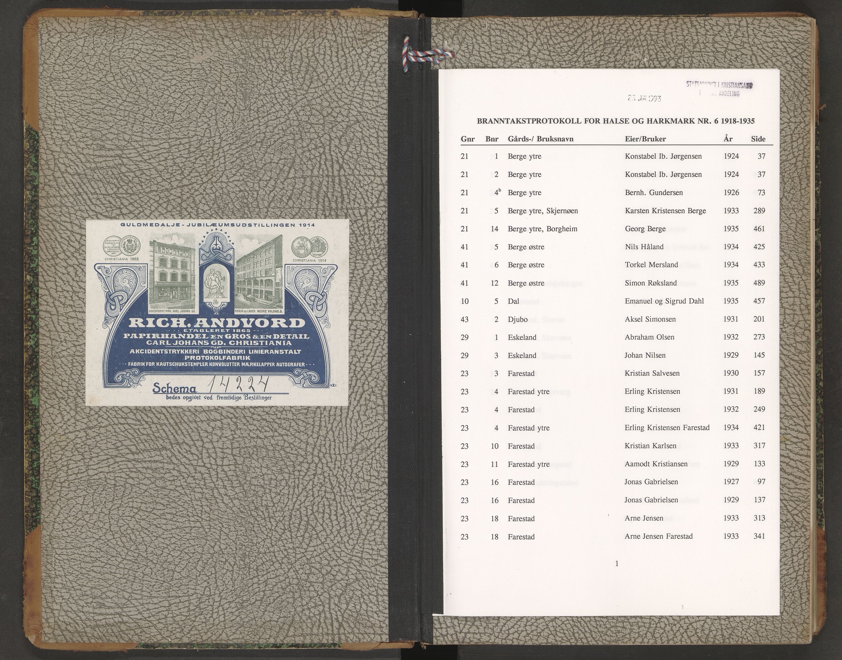 Norges Brannkasse Halse og Harkmark, AV/SAK-2241-0020/F/Fa/L0006: Branntakstprotokoll nr. 6 med gårdsnavnregister, 1918-1935