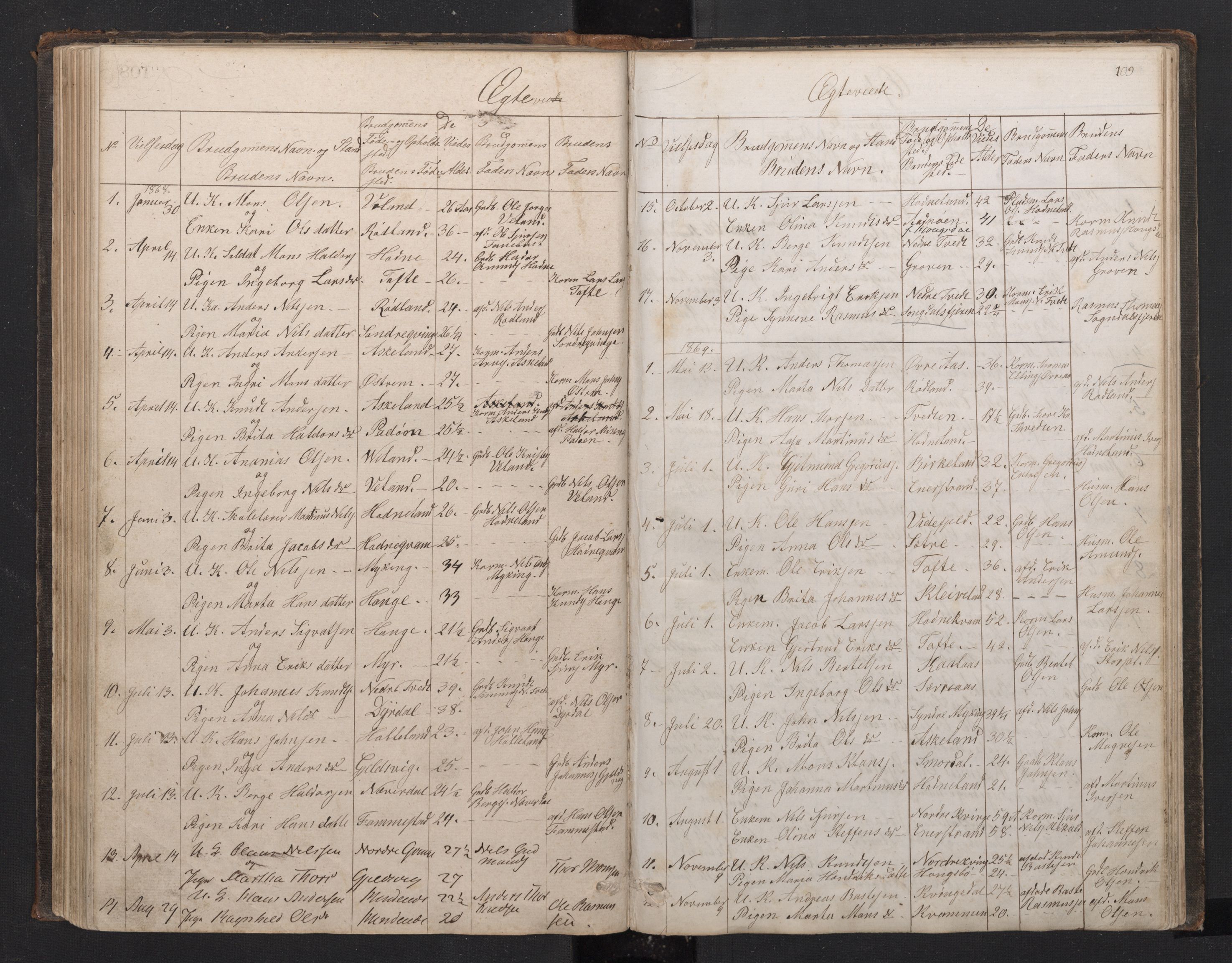 Lindås Sokneprestembete, AV/SAB-A-76701/H/Hab/Habe/L0002: Klokkerbok nr. E 2, 1867-1892, s. 108b-109a