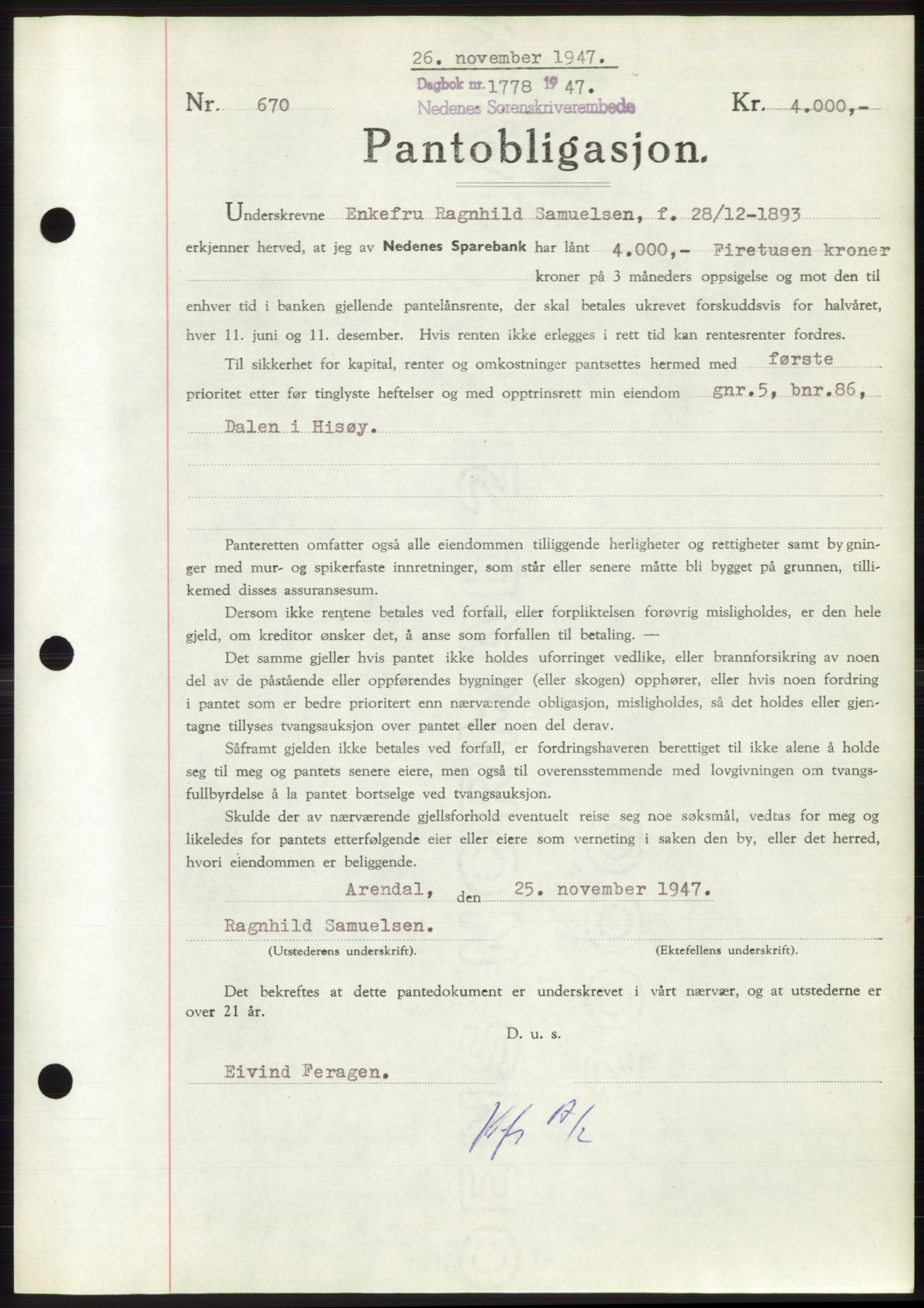 Nedenes sorenskriveri, SAK/1221-0006/G/Gb/Gbb/L0004: Pantebok nr. B4, 1947-1947, Dagboknr: 1778/1947