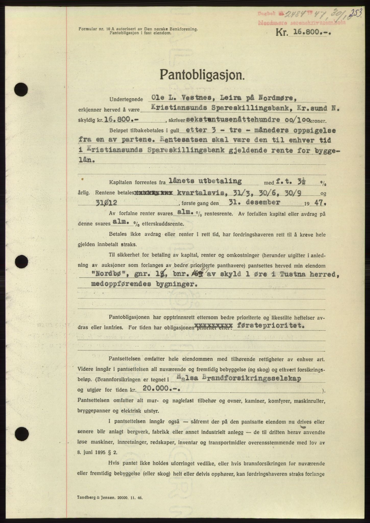 Nordmøre sorenskriveri, AV/SAT-A-4132/1/2/2Ca: Pantebok nr. B97, 1947-1948, Dagboknr: 2484/1947