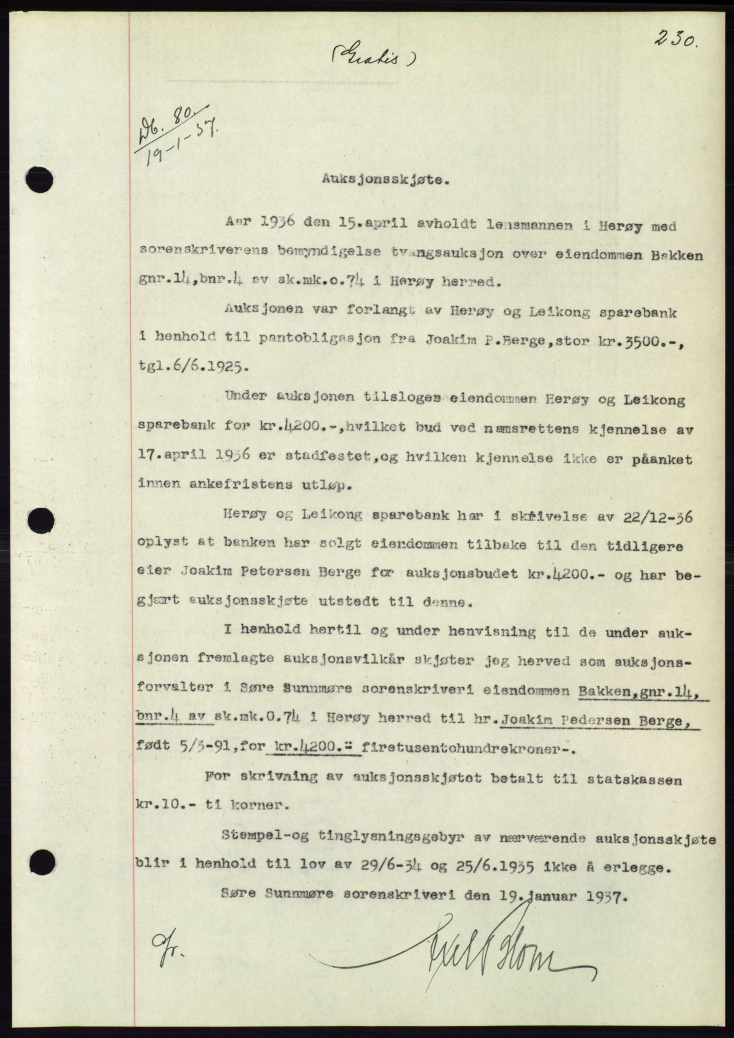 Søre Sunnmøre sorenskriveri, SAT/A-4122/1/2/2C/L0062: Pantebok nr. 56, 1936-1937, Dagboknr: 80/1937