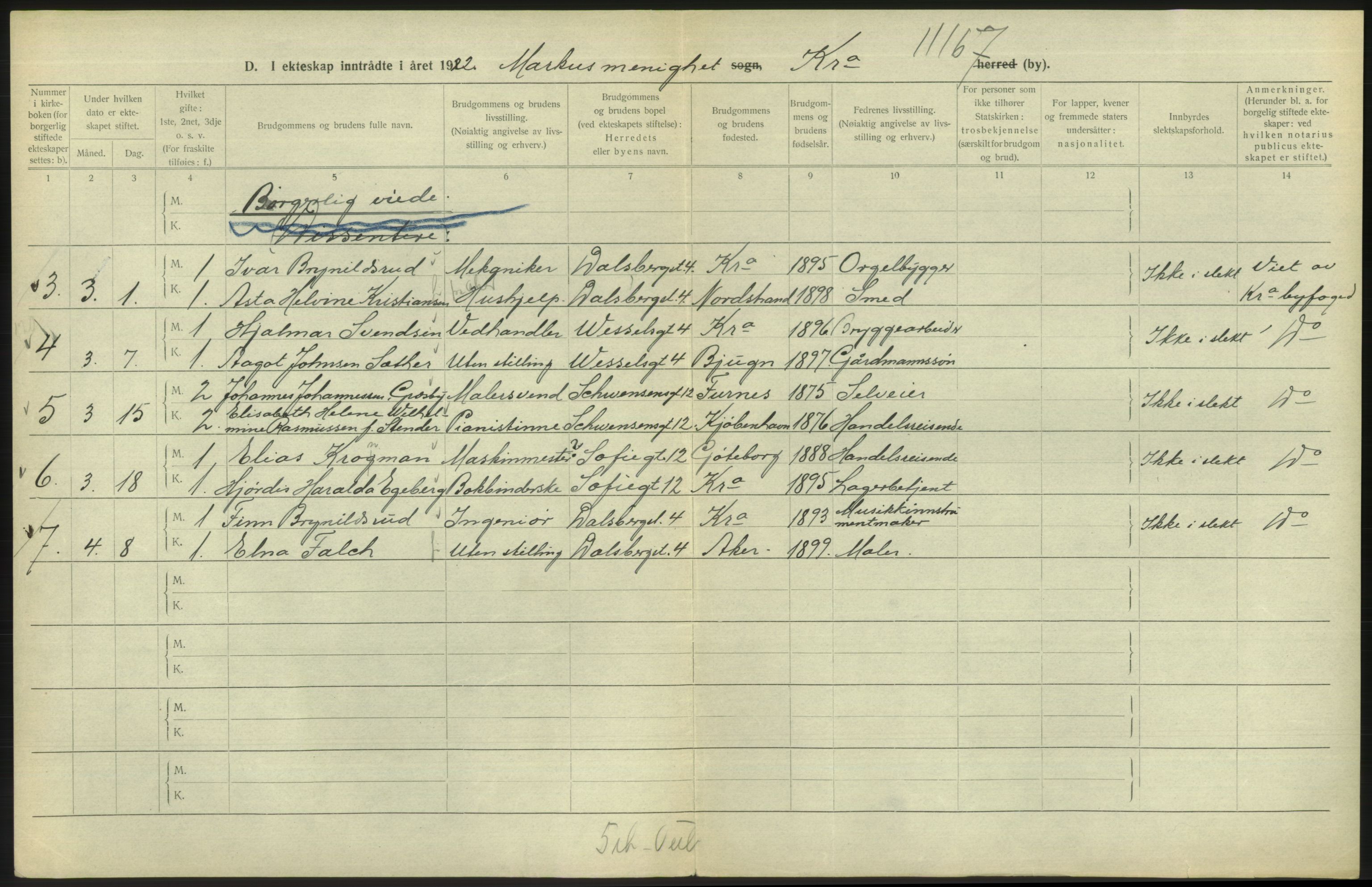 Statistisk sentralbyrå, Sosiodemografiske emner, Befolkning, AV/RA-S-2228/D/Df/Dfc/Dfcb/L0008: Kristiania: Gifte, 1922, s. 472