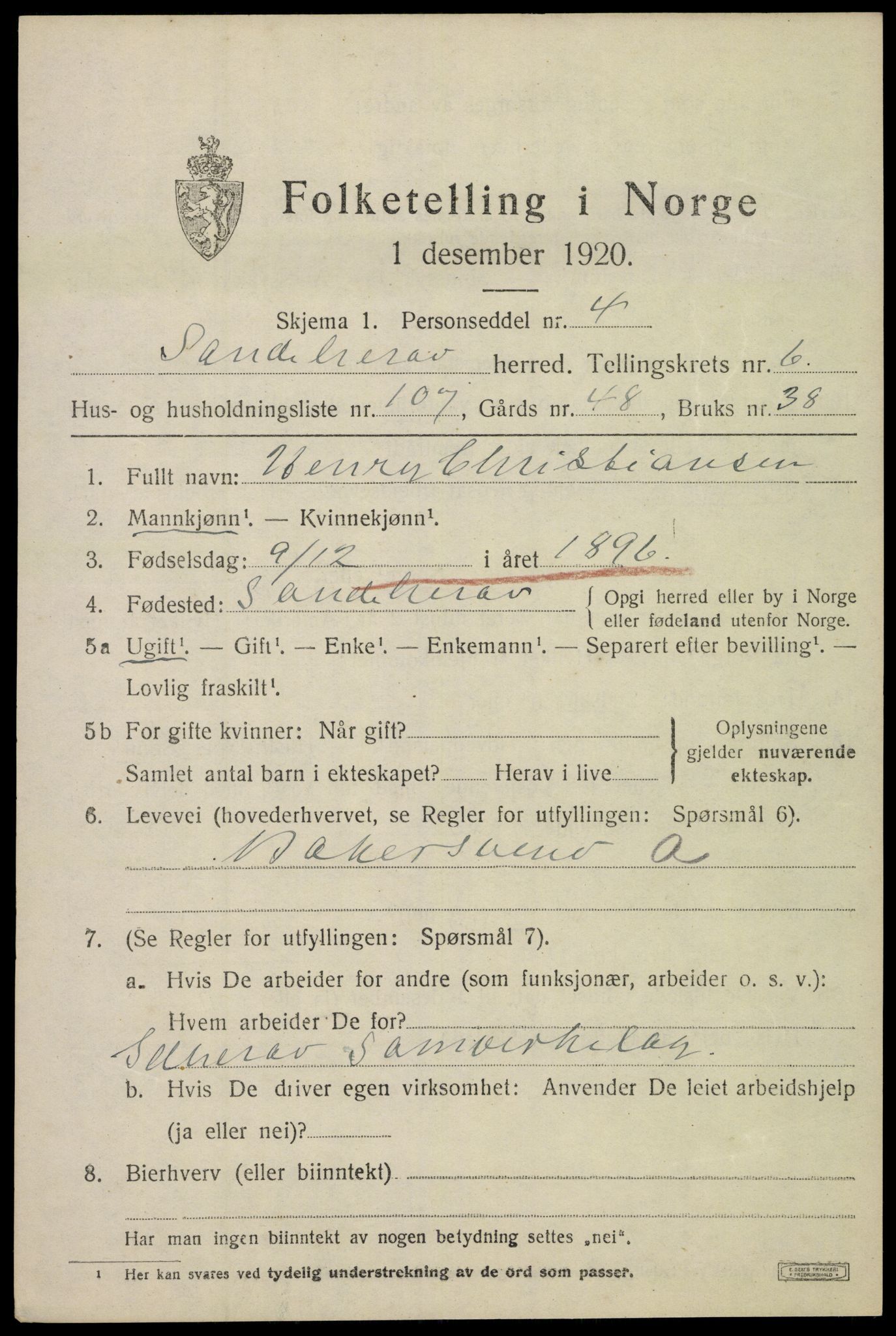 SAKO, Folketelling 1920 for 0724 Sandeherred herred, 1920, s. 11038
