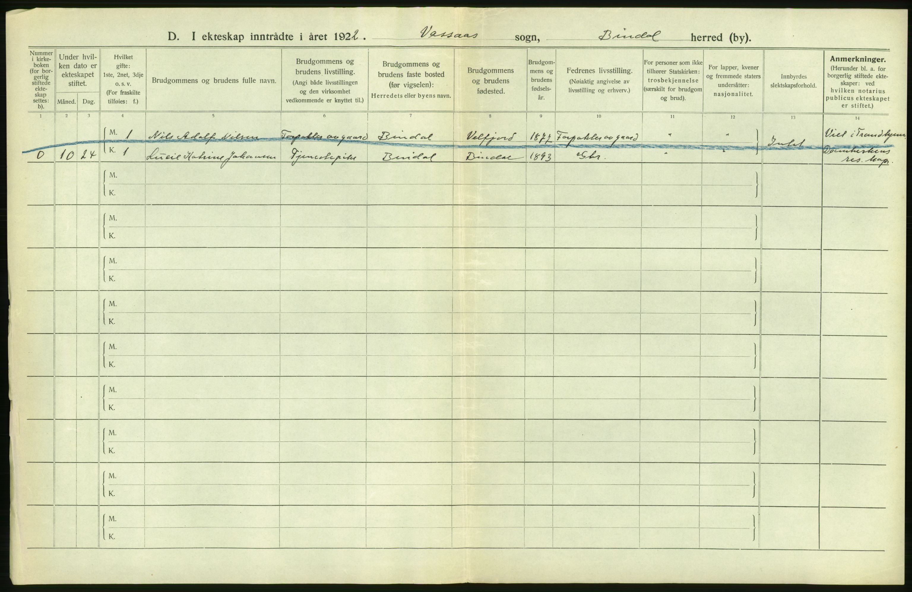 Statistisk sentralbyrå, Sosiodemografiske emner, Befolkning, AV/RA-S-2228/D/Df/Dfc/Dfcb/L0045: Nordland fylke: Gifte, dødfødte. Bygder og byer., 1922, s. 44