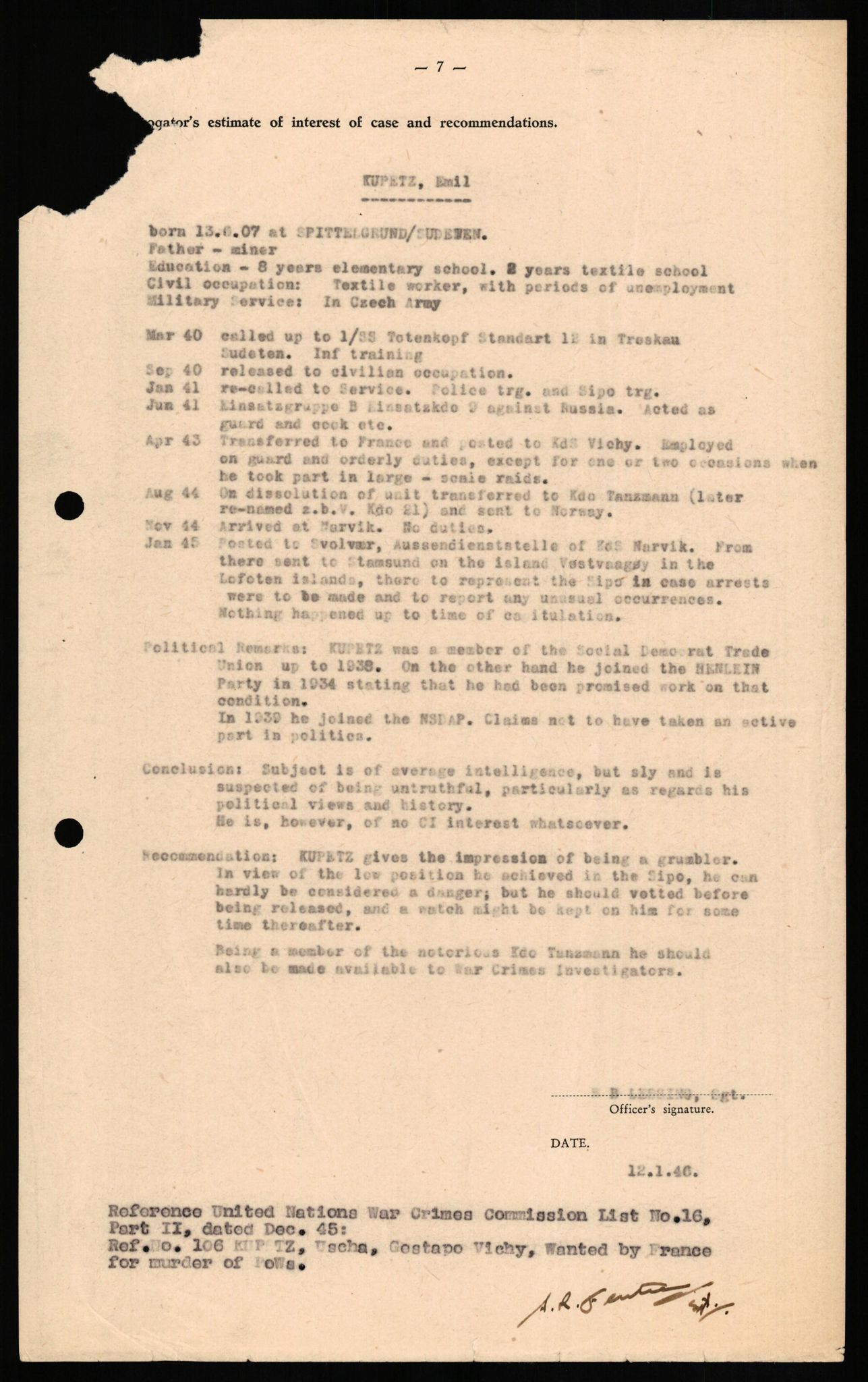 Forsvaret, Forsvarets overkommando II, AV/RA-RAFA-3915/D/Db/L0018: CI Questionaires. Tyske okkupasjonsstyrker i Norge. Tyskere., 1945-1946, s. 512