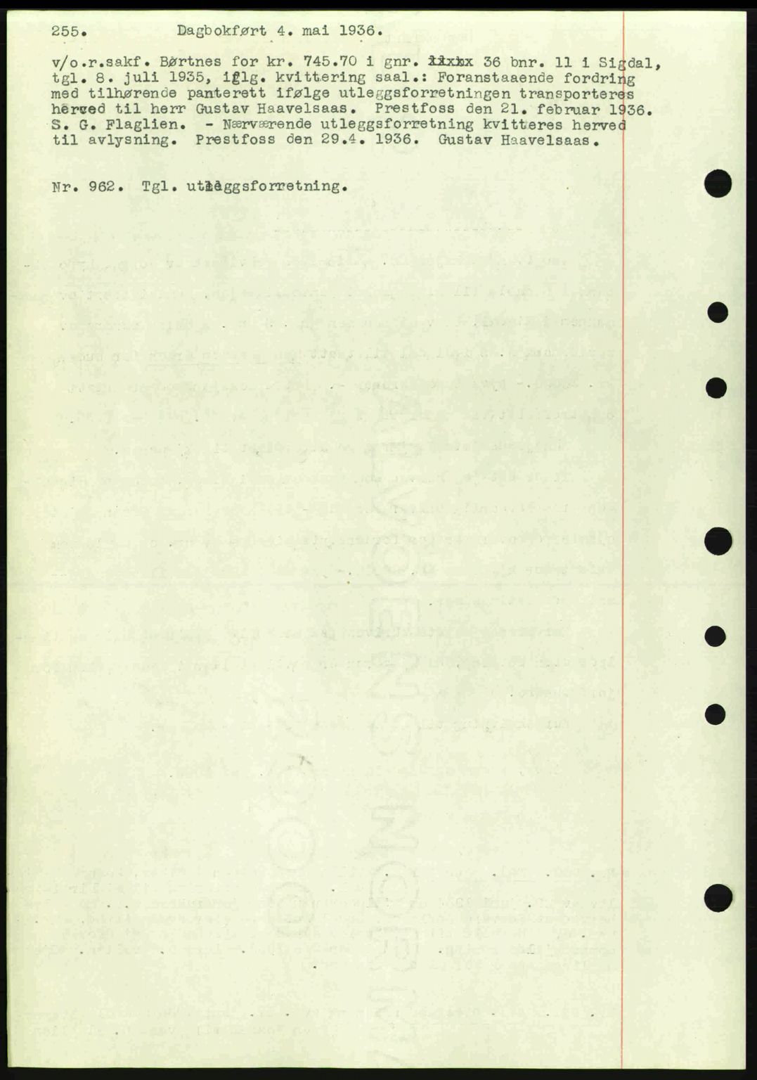 Eiker, Modum og Sigdal sorenskriveri, SAKO/A-123/G/Ga/Gab/L0032: Pantebok nr. A2, 1936-1936, Dagboknr: 962/1936